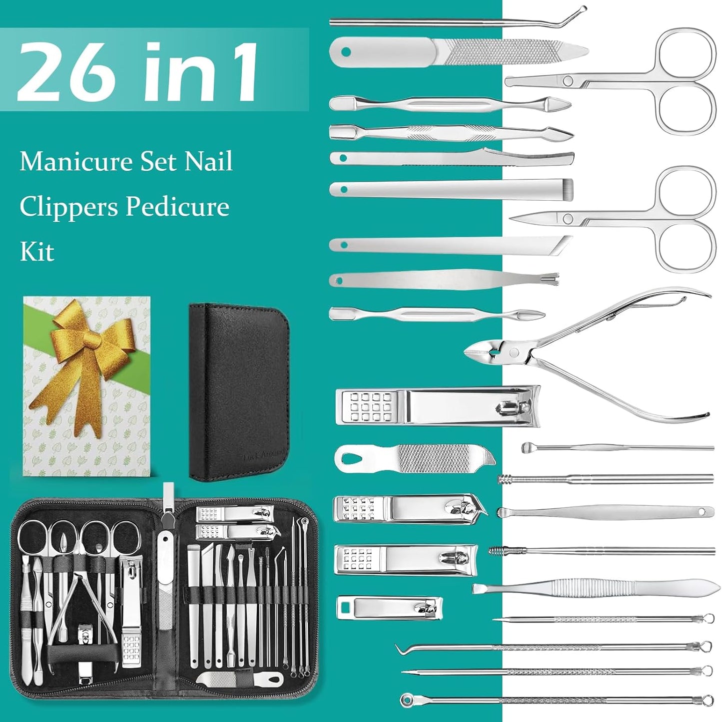 Nail Clippers Set, 26 Piece Manicure Set & Pedicure Kit, Stainless Steel Fingernail & Toenail Clipper Cutters, Professional Nail Care Tools with Luxurious Travel Case for Men and Women, Black