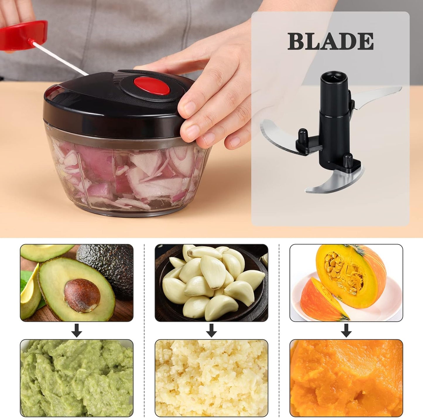 Cambom Manual Food Chopper Vegetable Cutter, Hand String Vegetable Chopper Onions Cutter for Vegetable Fruits Nuts BPA Free Food Safe Material, 550ml Gray