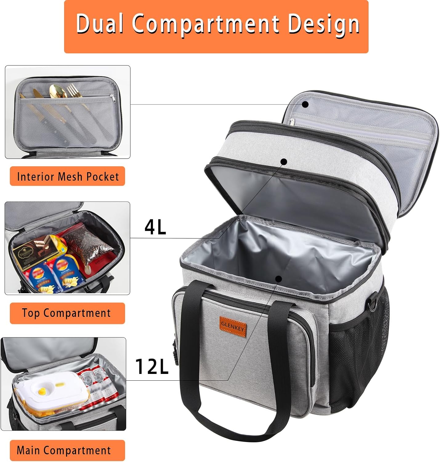 Expandable Large Lunch Bag, Double Deck Insulated Lunch Box Leakproof Durable Soft Cooler Bag for Men Women Adults Work Construction Beach Picnic Daytrip,16L,Black, GLENKEY