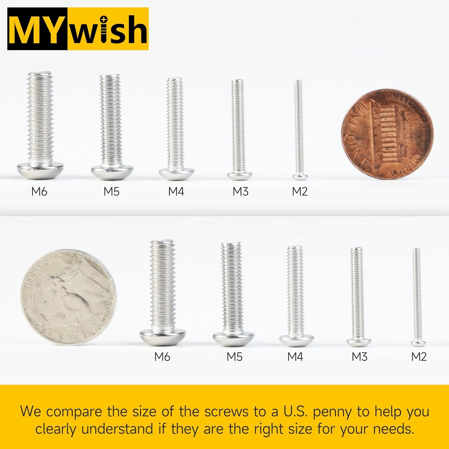 Mywish 900Pcs Metric Screw Assortment, M3 M4 M5 M6 Screw Assortment Kit 304 Stainless Steel Hex Socket Button Head Socket Cap Metric Screws Bolts & Flat Washers/Nuts/Hex Wrenches 16 Sizes 8MM to 20MM