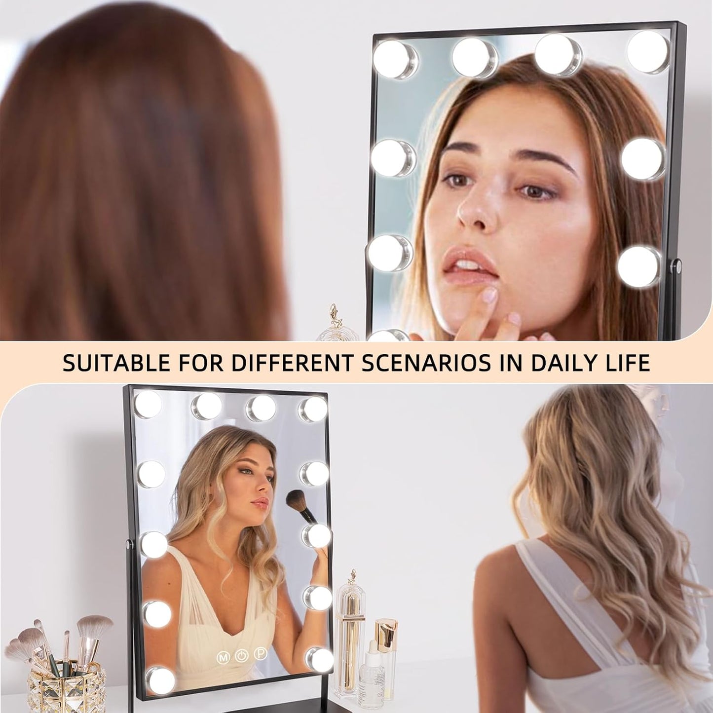 FENCHILIN Lighted Makeup Mirror Hollywood Mirror Vanity Makeup Mirror with Light Smart Touch Control 3Colors Dimmable Light Detachable 10X Magnification 360°Rotation(White)