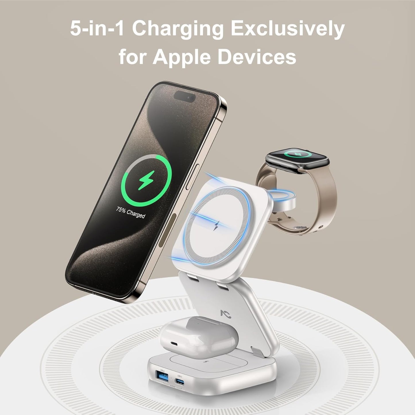 5-in-1 Wireless Charger for Magsafe, AC ISLAND Aluminum Travel Charging Station for Apple, 15W Snap Magnetic Multi Charging Stand Dock for iPhone 16/15/14/13 Apple Watch AirPods (with 35W GaN Adapter)