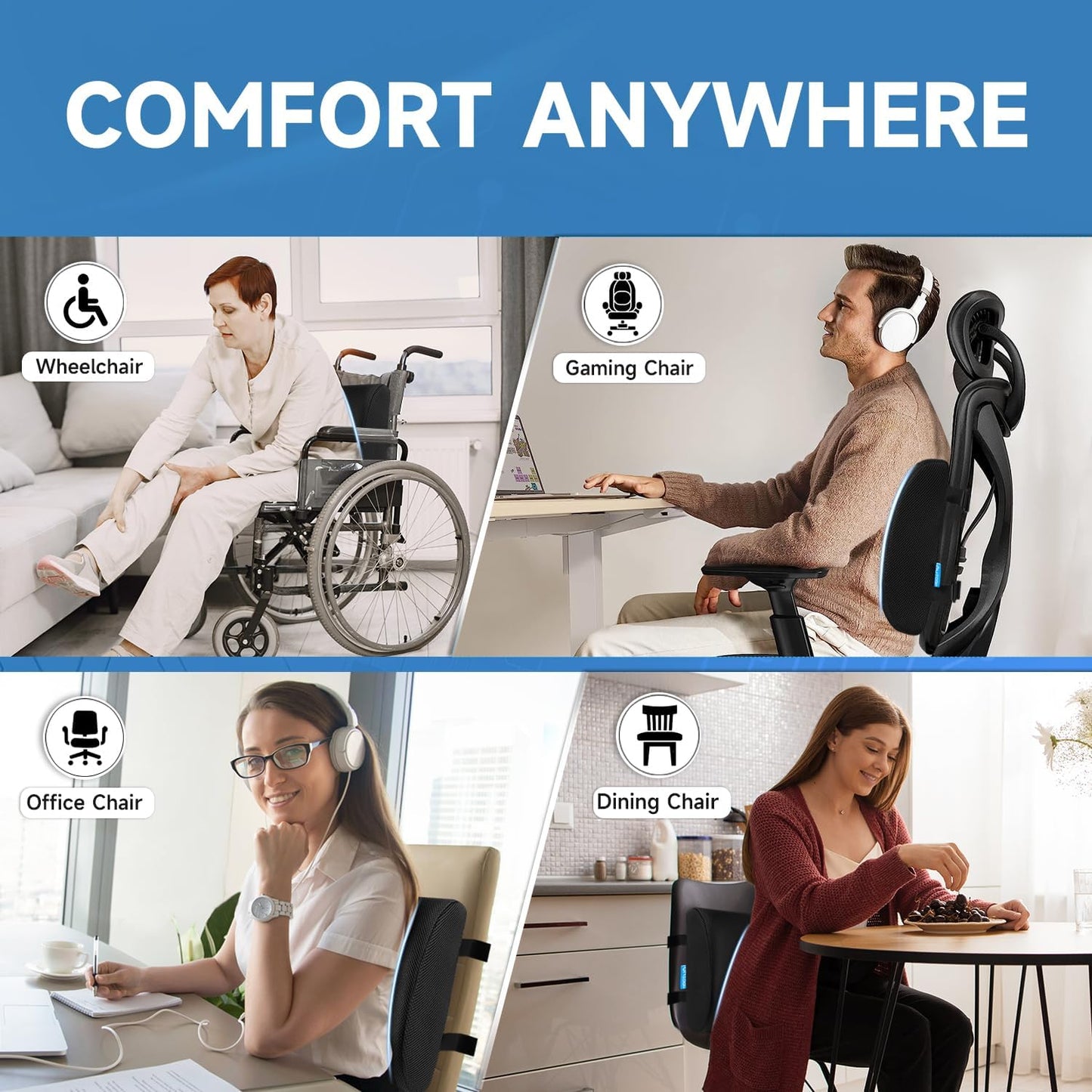 Lumbar Support Pillow for Office Chair Car Memory Foam Back Cushion Back Pain Relief Improve Posture Large Back Pillow for Computer, Gaming Chair, Recliner with Mesh Cover Double Adjustable Straps
