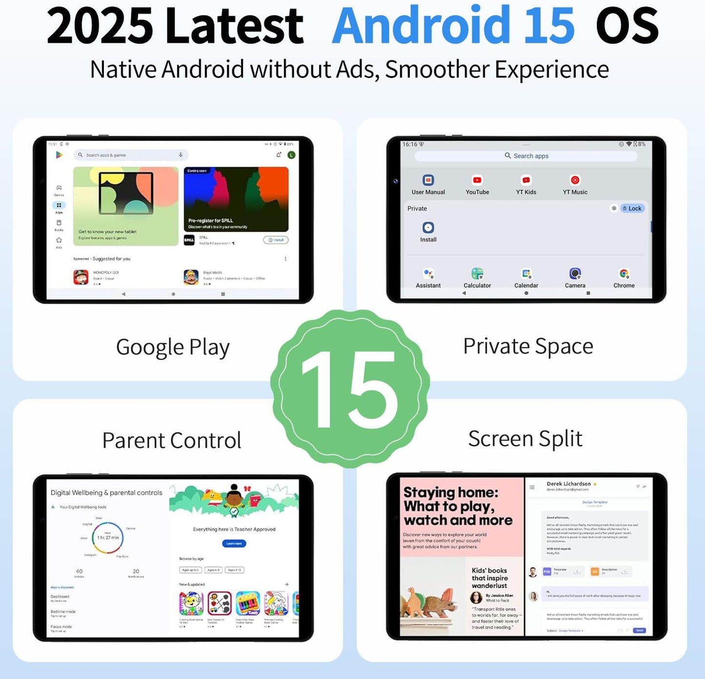 2025 Topsand Android 15 Tablet 8 inch Tablet, Octa-Core Processor, 12GB RAM 64GB ROM 2TB Expandable, 1280 * 800 IPS HD Screen, WiFi6, BT5.4, Widevine L1, 5MP+8MP Dual Camera