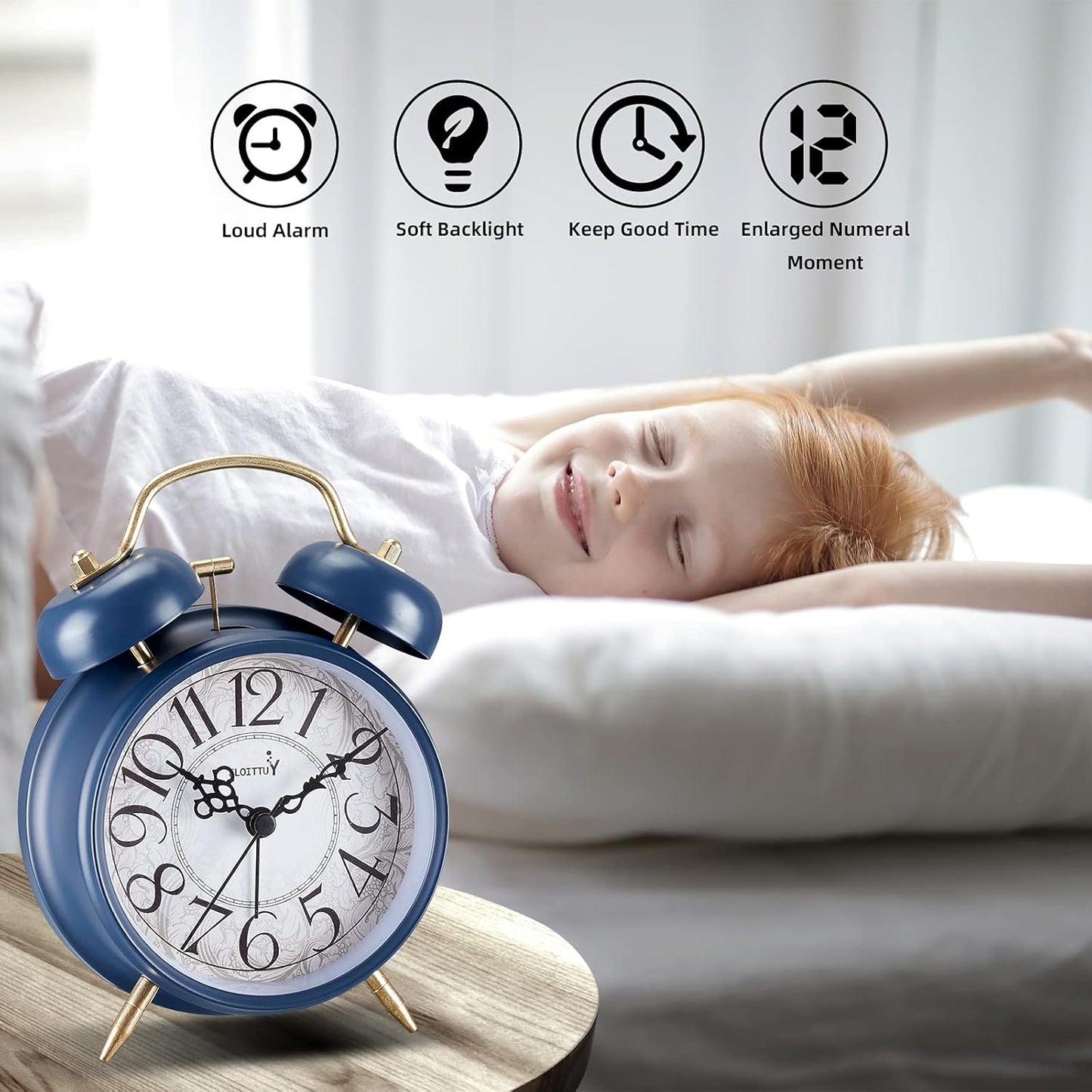 FLOITTUY Loud Alarm for Deep Sleepers 4'' Retro Twin Bell Alarm Clock with Backlight for Bedroom and Home Decoration(Retro White)