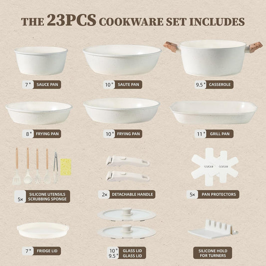 Ceramic Cookware Set Non Stick 23Pcs Pots and Pans Set Non Toxic with Detachable Handle Induction Kitchen Cookware Set Space Saving, Oven & Dishwasher Safe, Cream White