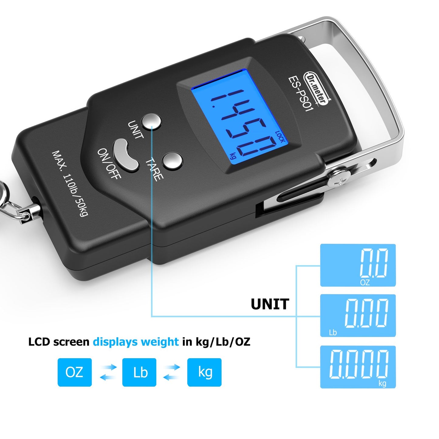 Fish Scale, Dr.meter 110lb/50kg Backlit LCD Display Digital Scale with Built-in Measuring Tape - Electronic Fishing Postal Hanging Hook Scale with 2 AAA Batteries, Pocket Size