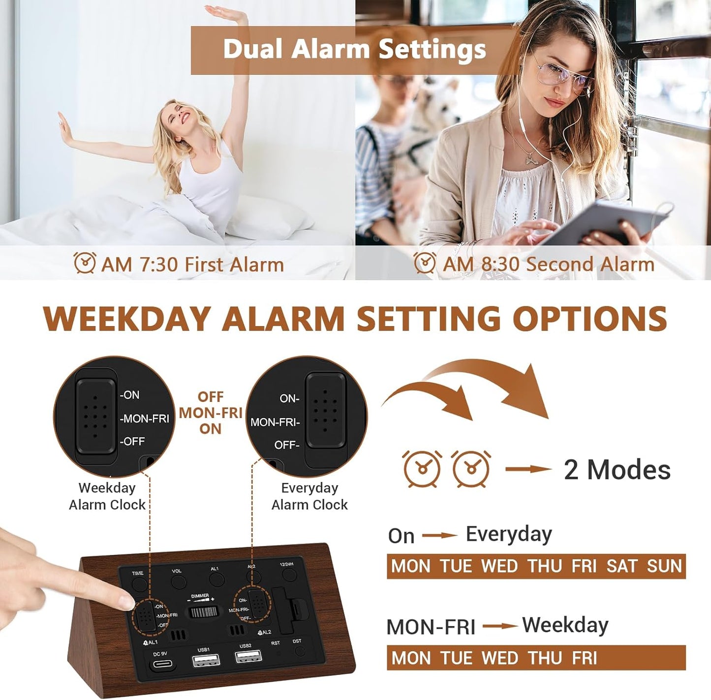 Kogonee Wooden Digital Alarm Clock, 0-100% Dimmer, 2 Alarm Settings, Weekday/Everyday Mode, 9 Mins Snooze, 12/24H, Temperature and Date Display for Office, Travel, Bedroom Alarm Clock (White)