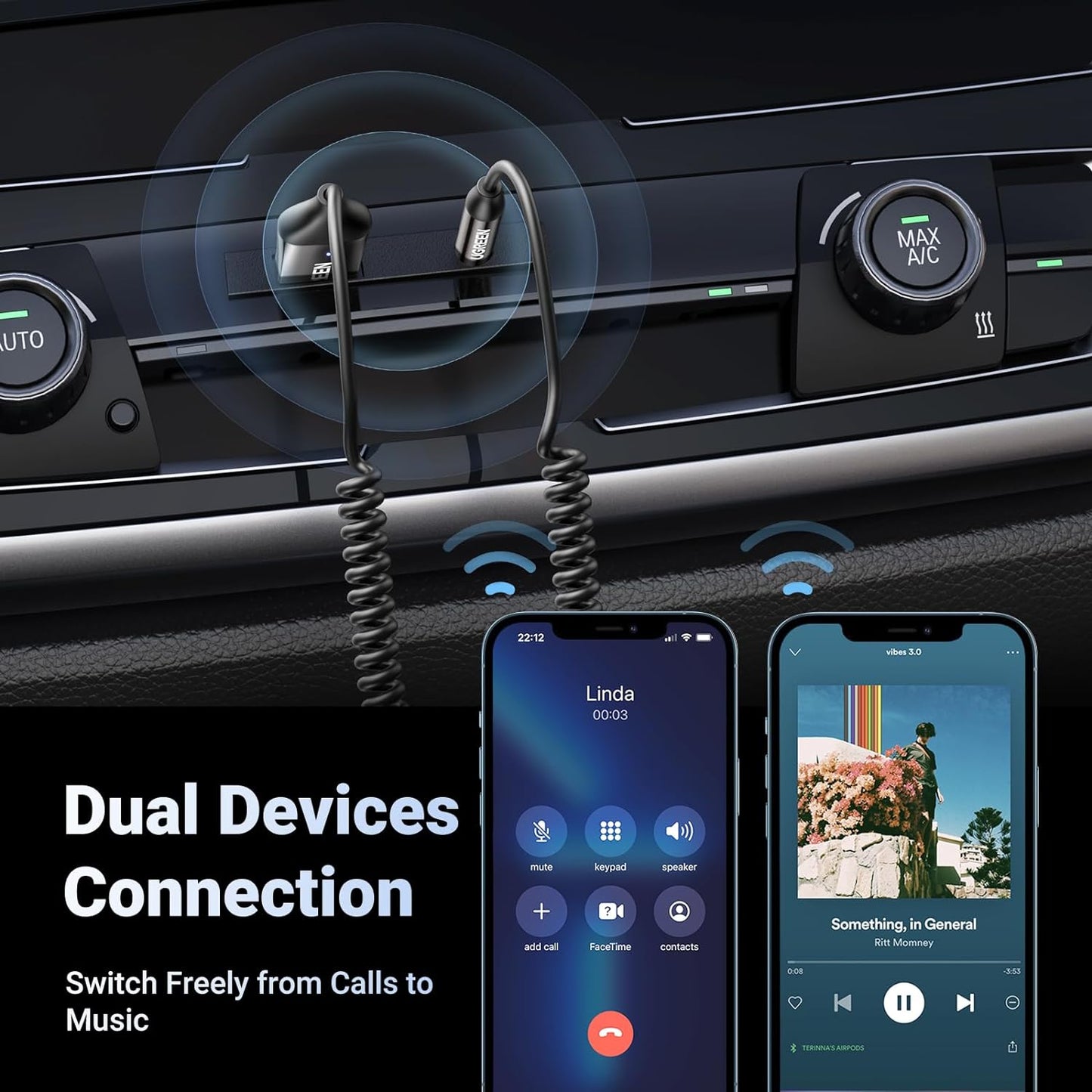 UGREEN Aux to Bluetooth 5.3 Adapter 3.5mm Bluetooth Receiver for Car USB 2.0 to 3.5mm Jack Kit with Built in Microphone Aux Input for Hands Free Calls Compatible with Car Speaker and Home Audio