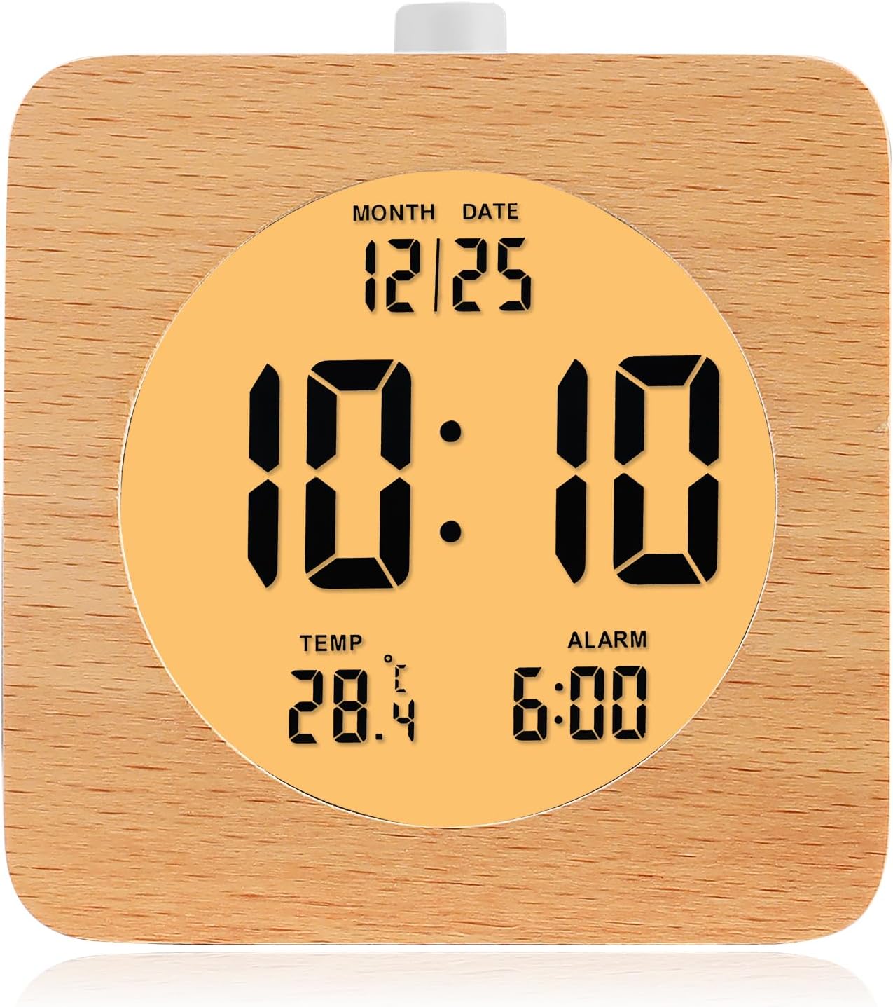 Plumeet Wooden Digital Alarm Clock for Bedrooms, Wood 4'' Battery Powered Alarm Clock with Snooze and Nightlight, Electronic LCD Desk Clock Display Time, Date, Temp, 12/24H, Wood Décor (Sapele, 3.2'')