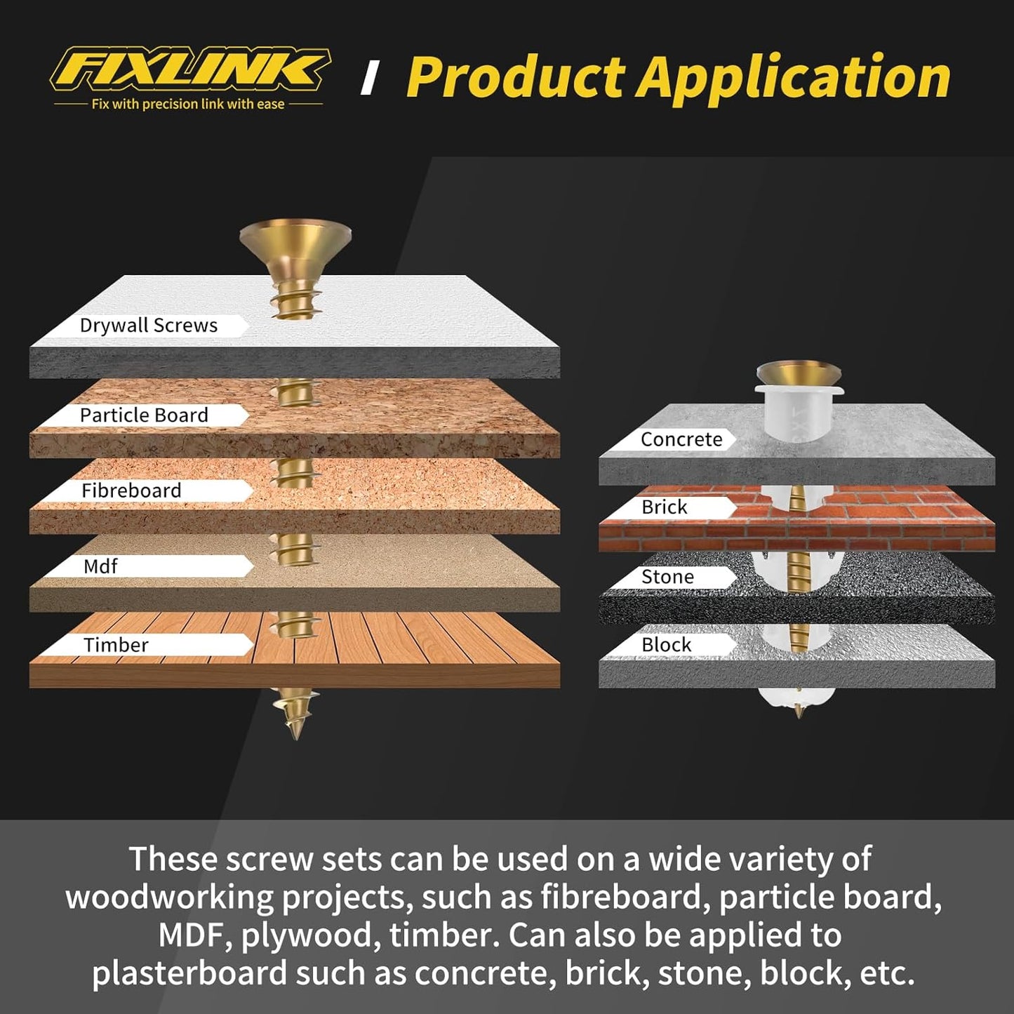 Wood Screws Assortment Kit, FIXLINK 240 PCS High Hardness Flat Head Wood Screws Set, Phillips Drive Screws, Contain 15PC Drywall Anchor and 8 Size (2-1/2”,2”,1-1/2”,1-1/4”,1”,3/4”,5/8”,1/2”), Black