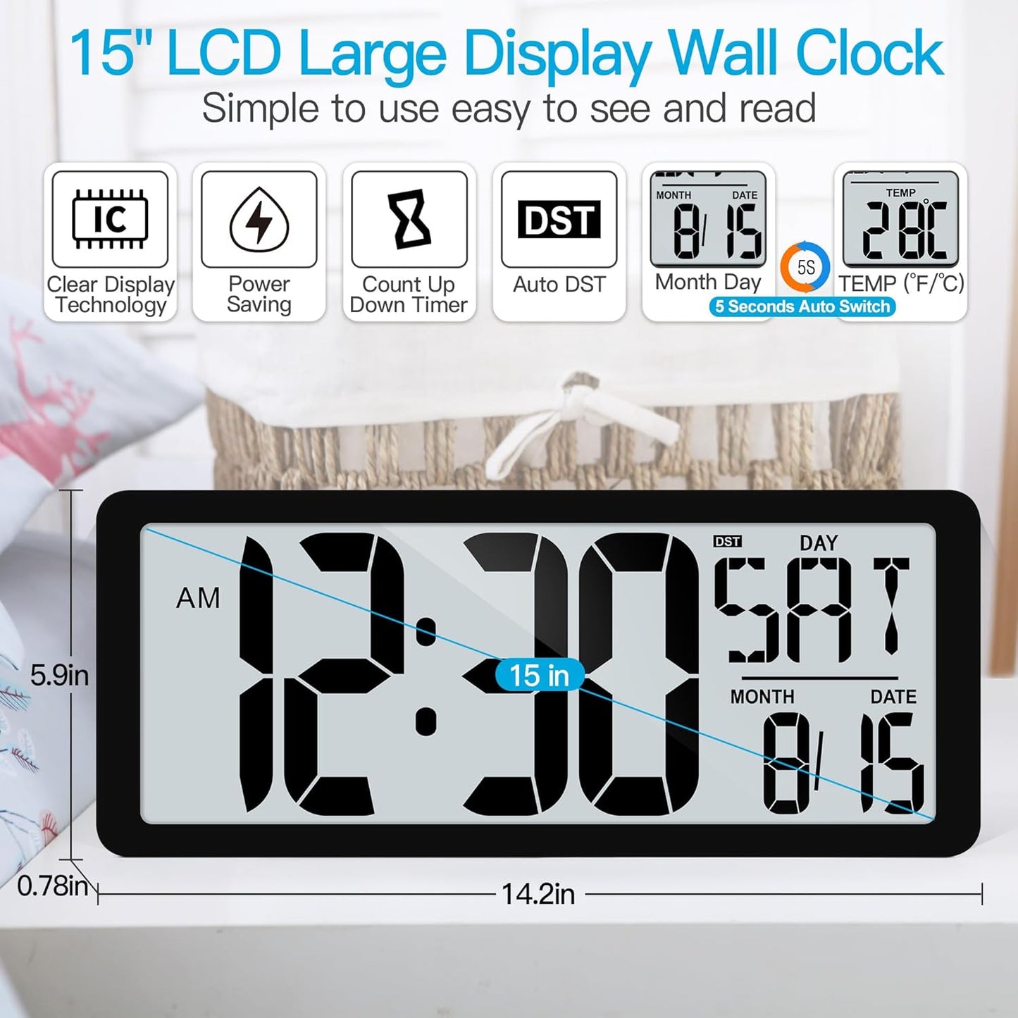 KMMKGG 15" Large Digital Wall Clock Battery Operated, Digital Clock Display with Day, Date & Temperature, Large Wall Clock for Bedroom, Livingroom, Office(4.6" Numbers)