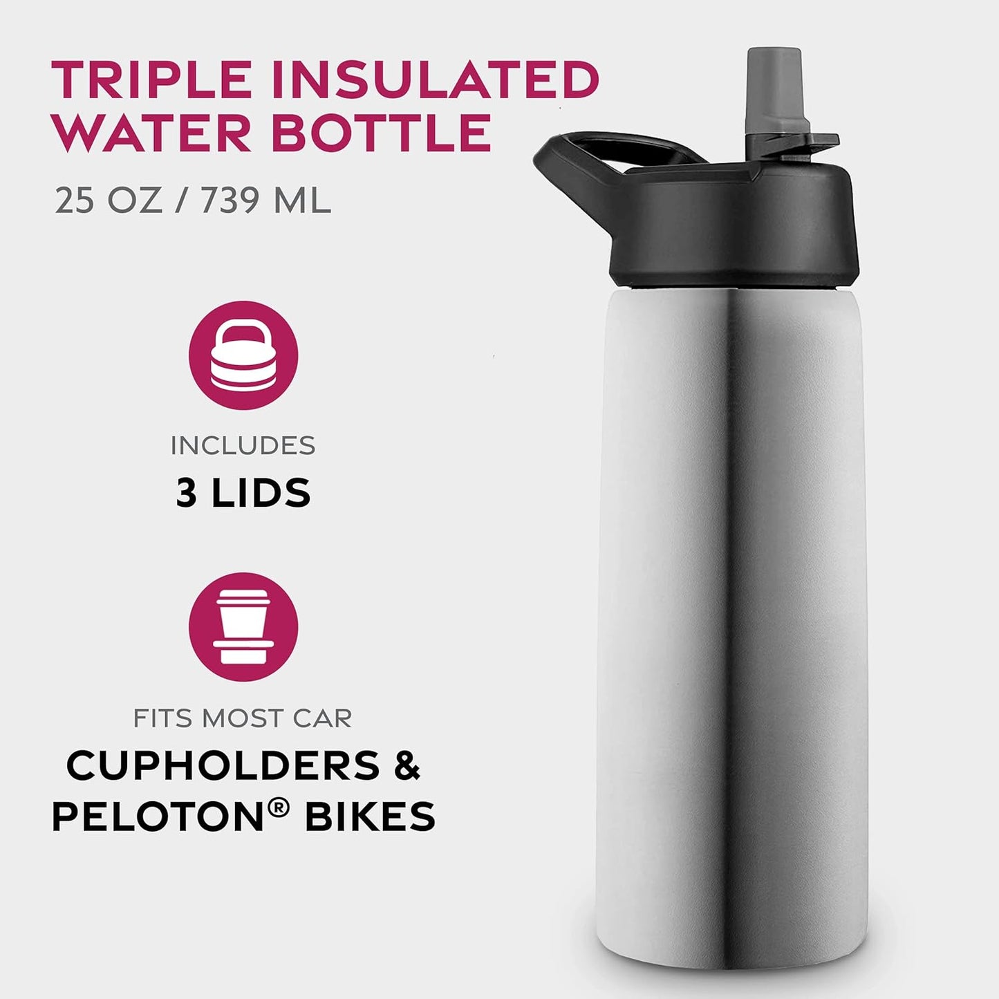 FineDine Water Bottle - Stainless Steel Insulated Water Bottle with Straw Lid, Flip Lid & Wide-Mouth Cap - Keeps Hot and Cold - 25 Oz / 739ml - Pure Pearly White