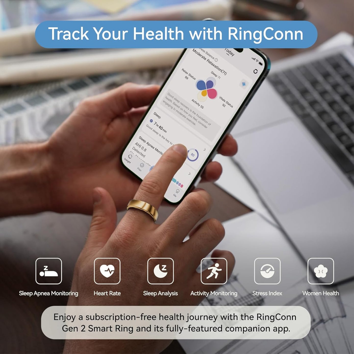 RingConn Gen 2 Smart Ring, No App Subscription, Size First with Sizing Kit, 12-Day Battery Life, Stress/Women's Health Tracker, Compatible with Android & iOS (Black, Size 8)