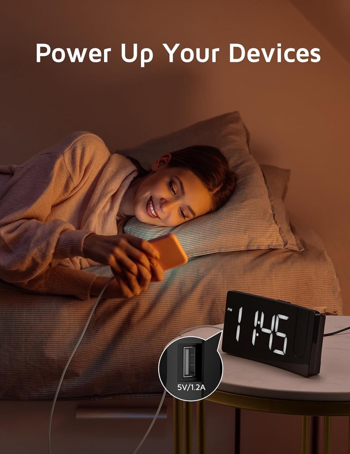 GOLOZA Projection Alarm Clock, Digital Clock with Modern Curved Design 180° Rotatable Projector, 3-Level Brightness Dimmer, Clear Blue LED Display, Progressive Volume, 9mins Snooze,12/24H, for Bedroom