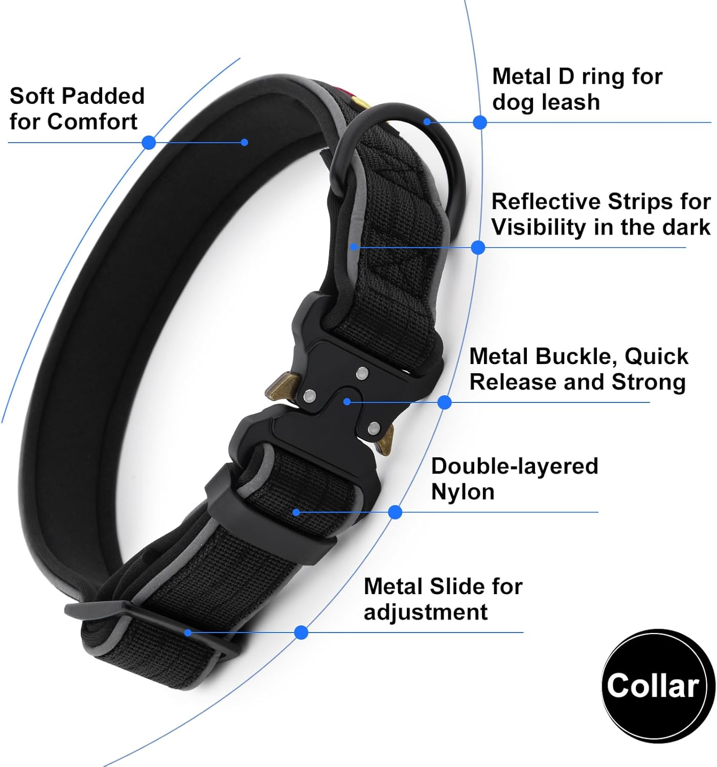 Plutus Pet Tactical Dog Collar, Reflective, Adjustable Heavy Duty Dog Collar, Soft Padded and Comfortable, for Small Medium and Large Dogs (Red, L)