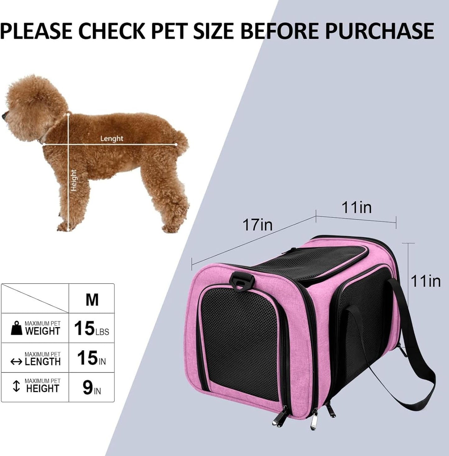 SFBAIHEN Cat Carriers Dog Carrier Pet Carrier for Small Medium Cats Dogs Puppies up to 15 Lbs, TSA Airline Approved Small Dog Carrier Soft Sided, Collapsible Waterproof Travel Puppy Carrier (Pink)