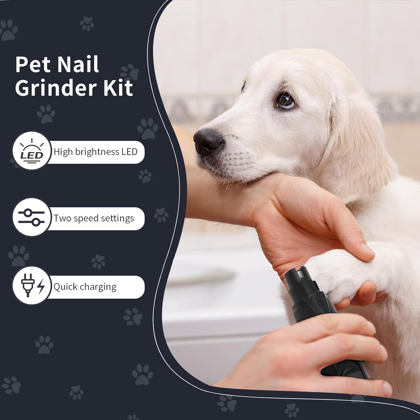 Dog Nail Grinder with LED Light, Rechargeable Pet Nail Grinder Kit with Nail Grinder and Trimmer, Low-Noise, 2-Speed Powerful Pet Nail Trimmer for Large Medium Small Animal Nail Care (Blue)