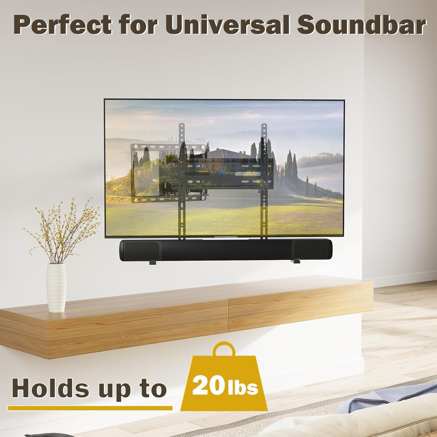 Mounting Dream Universal Sound bar Wall Mount, Soundbar Mounting Bracket Fits Most Samsung, Sonos, Bose, Vizio, Yamaha Soundbar with Holes/Without Holes, up to 20 lbs, Safe and Easy to Install MD5425