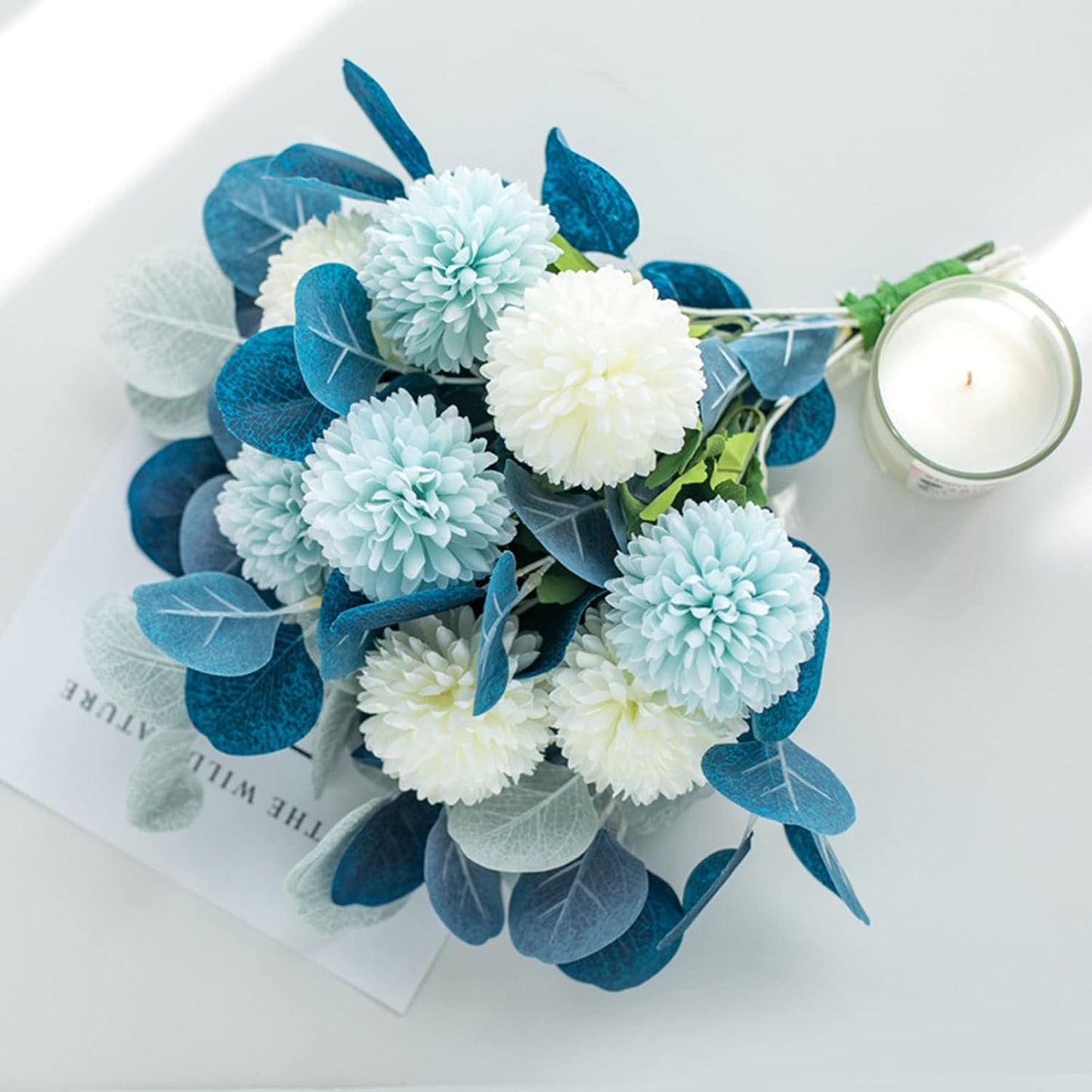 BLOSMON White Fake Flowers with Vase: Small Coffee Table Decor Bathroom Hydrangea Faux Flowers in Vase Office Desk Shelf Home Living Room Bedroom Vanity nightstand Decorations Floral Arrangement