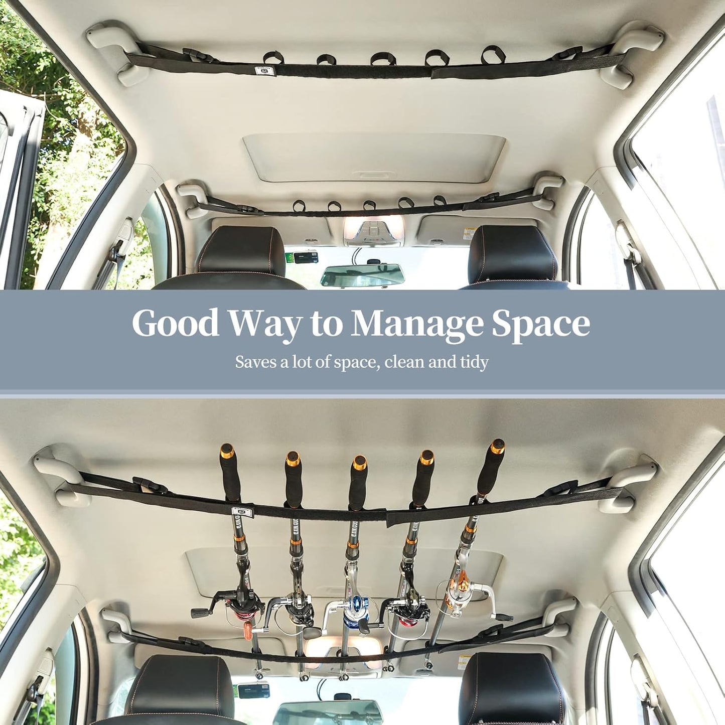 Raynesys 2 Pack Vehicle Fishing Rod Holder, Car Adjustable Fishing Rod Holder Fishing Rod Rack, Easy Install Fishing Car Rod Carrier Belt Strap for Long Travel and Fishing for SUV, Wagons, Van, Black