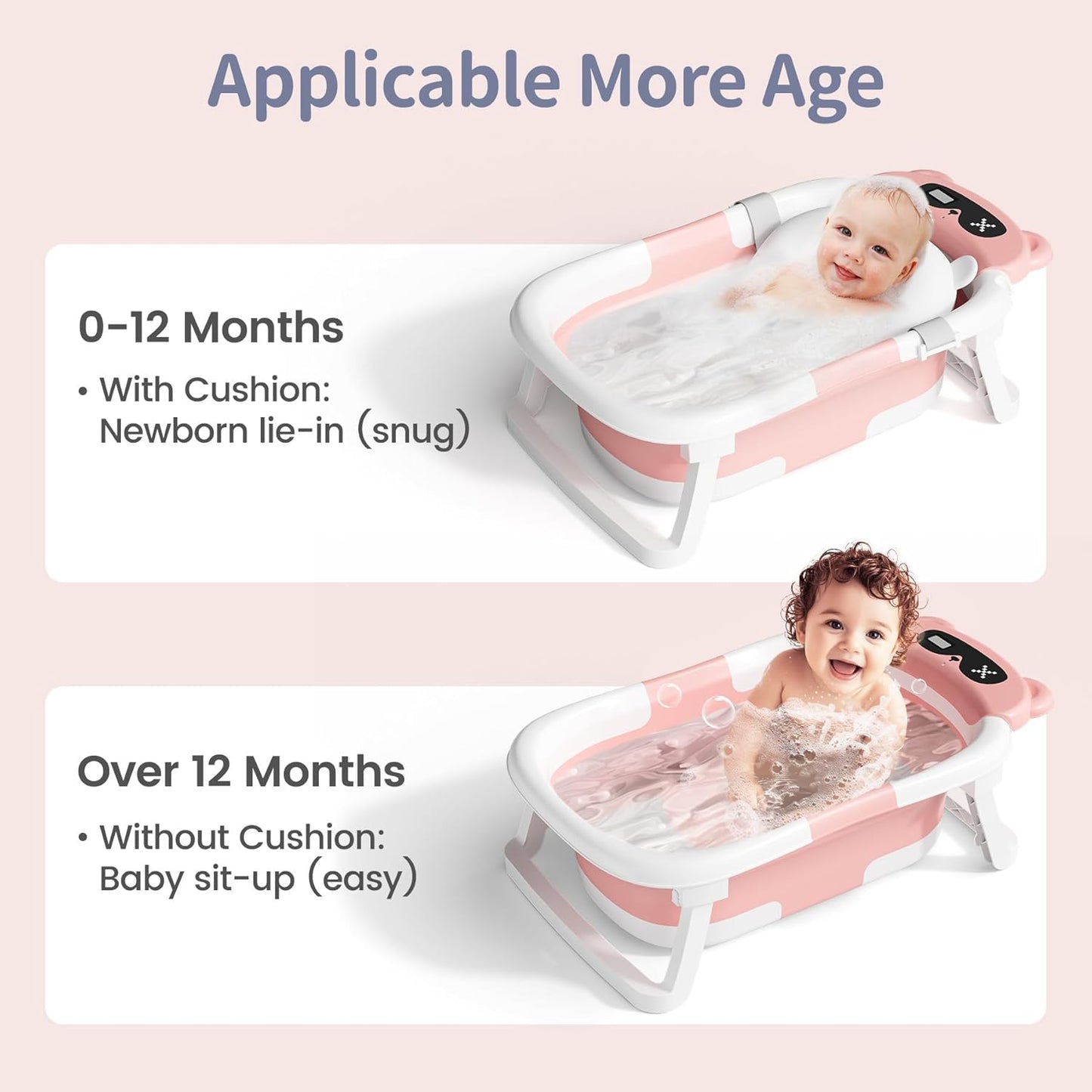 Kerbwry Baby Bathtub for Newborn to Toddler, Baby Bath Tub with Soft Towel and Floating Cushion, Baignoire Pour Bébé, Shower Essentials for Newborn (0-18 Months) Grey