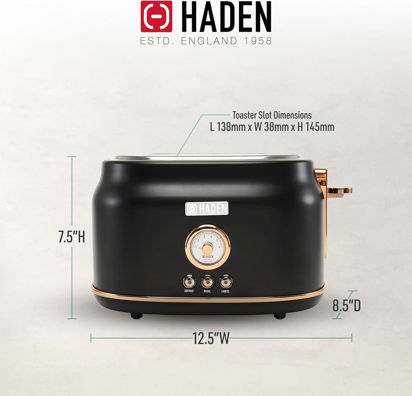 Haden Dorset 75083 Stainless Steel 1500W Retro Toaster 4 Slice Wide Slot w/Removable Crumb Tray and Settings, Black/Copper Toasters w/Adjustable Browning Control, Smart Toaster