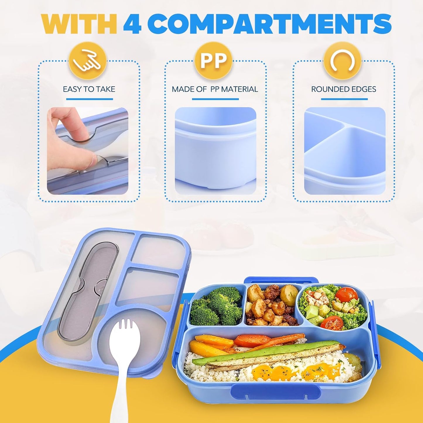 Bento Box Adult Lunch Box with 4-Compartment Leakproof Lunch Containers Microwave and Dishwasher Safe Bento Box with Spoon