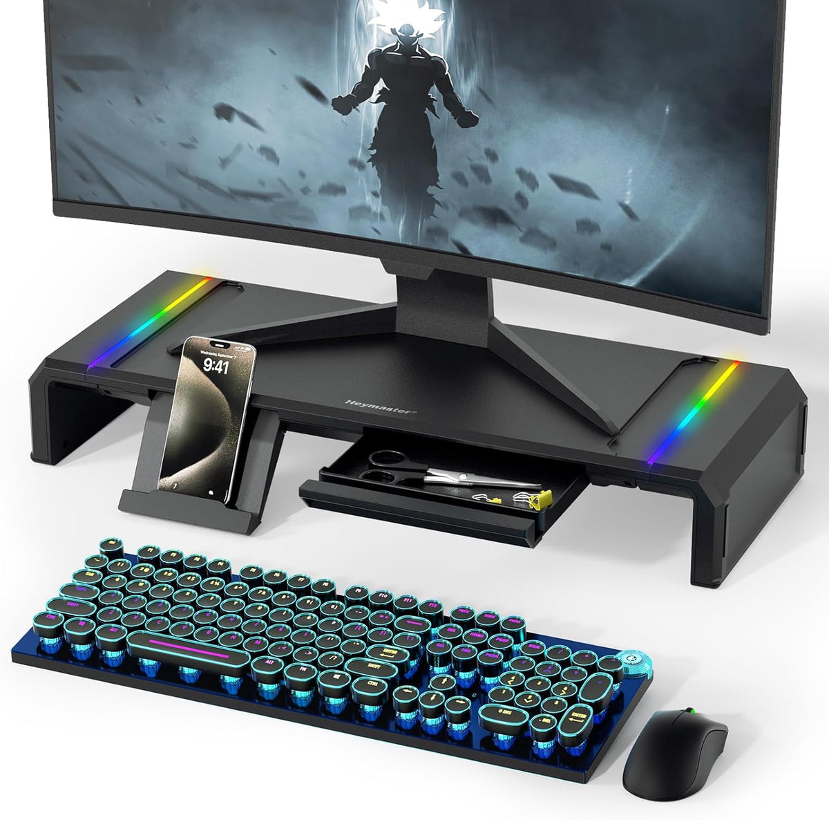 Adjustable Monitor Stand with RGB Light | Foldable Desk Riser with Storage and Organizer for Computer, Laptop, and Printer - PuriLite