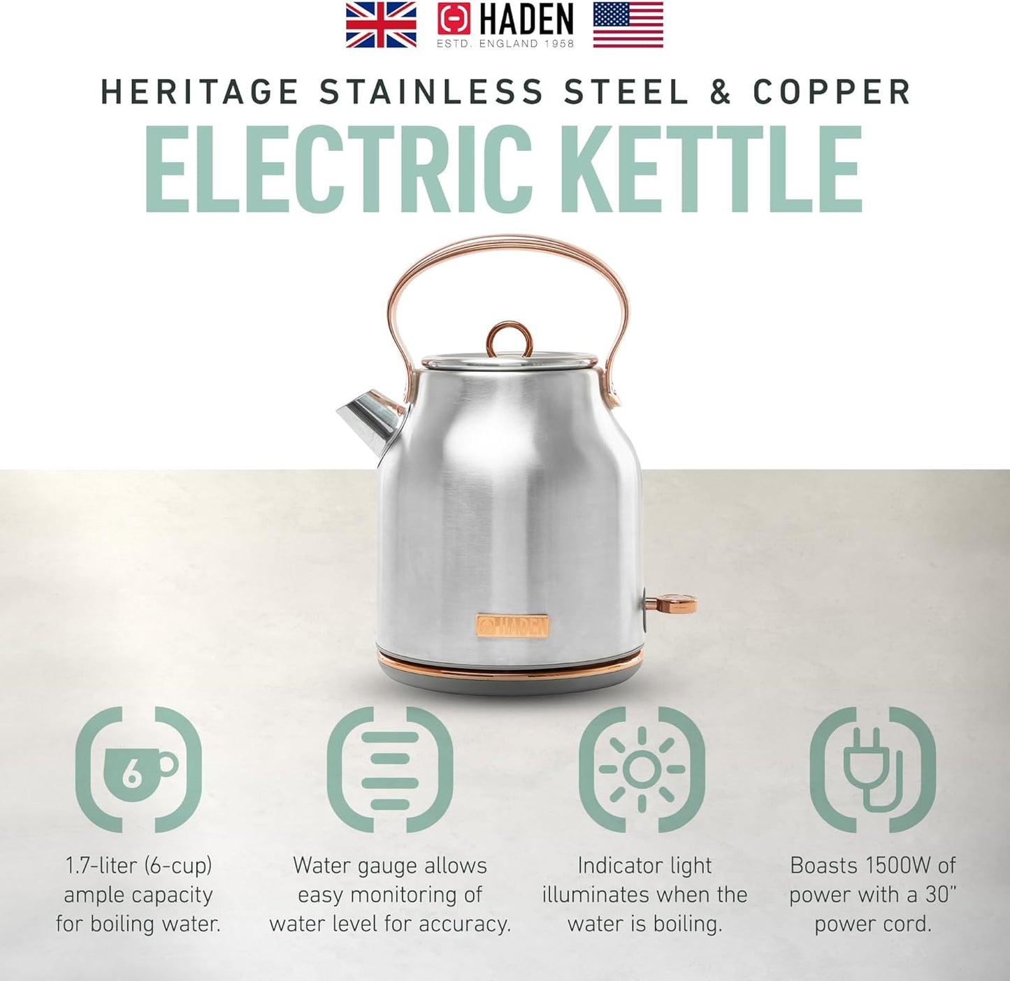 Haden 75041 Heritage 1.7 Liter (7 Cup) Stainless Steel Electric Kettle with Auto Shut-Off and Boil Dry Protection, Black/Copper