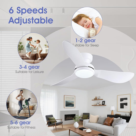 Kviflon 46 Inch Modern Ceiling Fans with Lights, Flush Mount Ceiling Fan with Remote/APP Control, 3 Reversible Curved Blades, 6 Speeds, 3 CCT, Dimmable Lights for Kids Room Bedroom, White