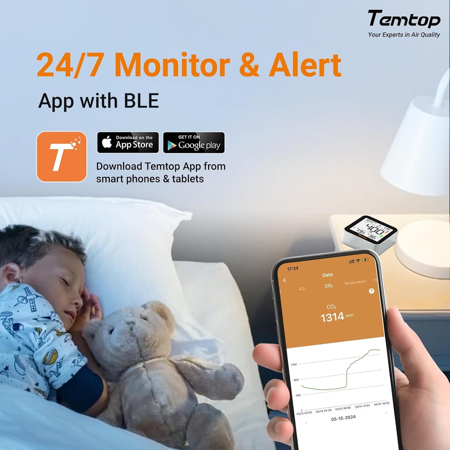 Temtop Air Quality Monitor Indoor with PM2.5, AQI, tVOC, CO2 Monitor, Temperature & Humidity Monitoring,Connectivity with App(M10 Plus)