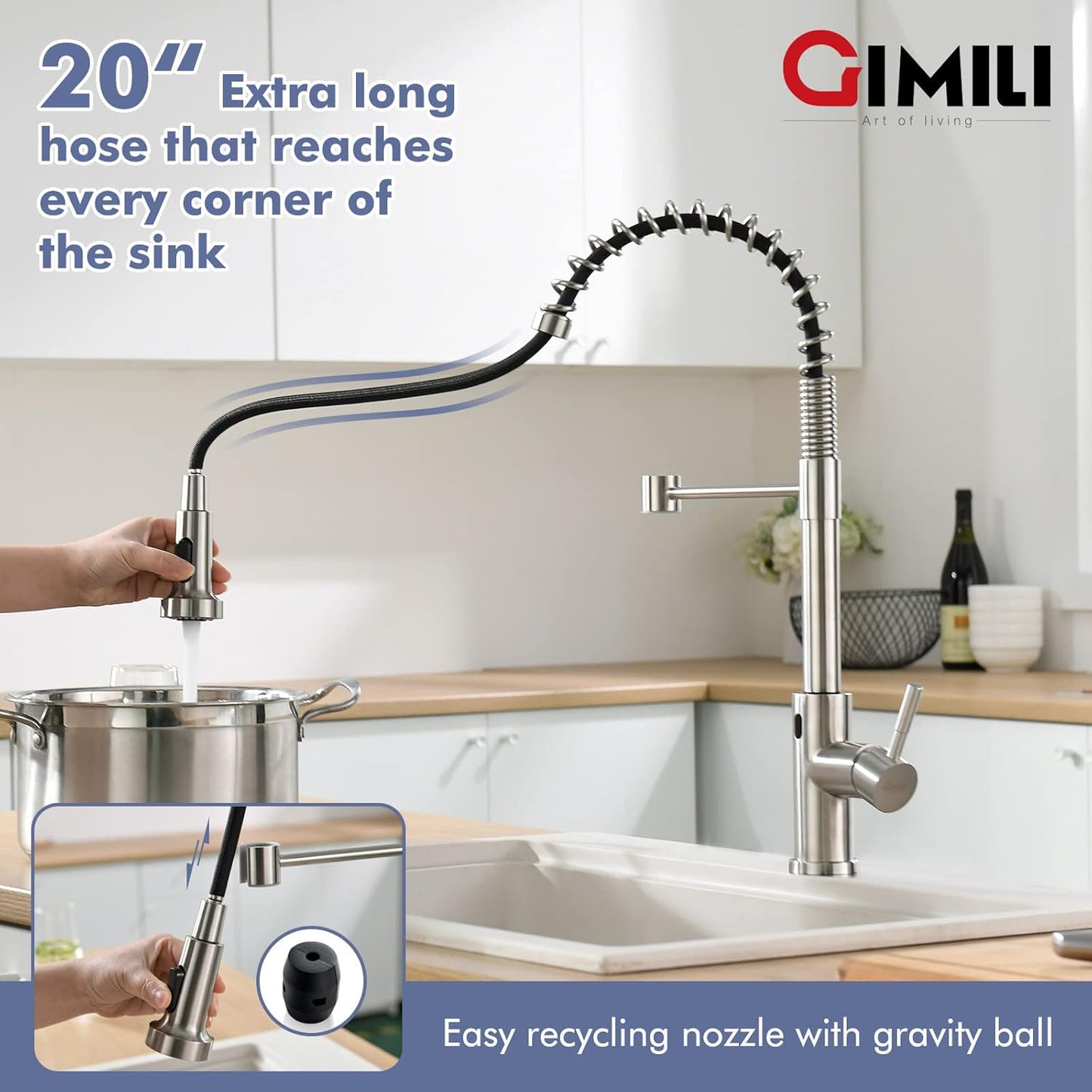 GIMILI Matte Black Kitchen Faucet with LED Light,Single Hole Spring Kitchen Sink Faucet with Pull Down Sprayer