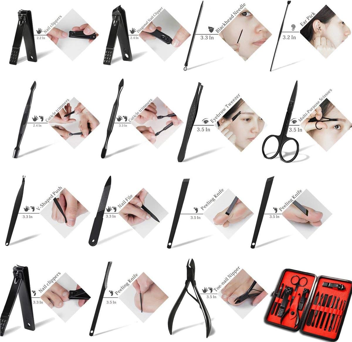 Keiby Citom Professional Stainless Steel Nail Clipper Travel & Grooming Kit Nail Tools Manicure & Pedicure Set of 18pcs with Luxurious Case (Black)