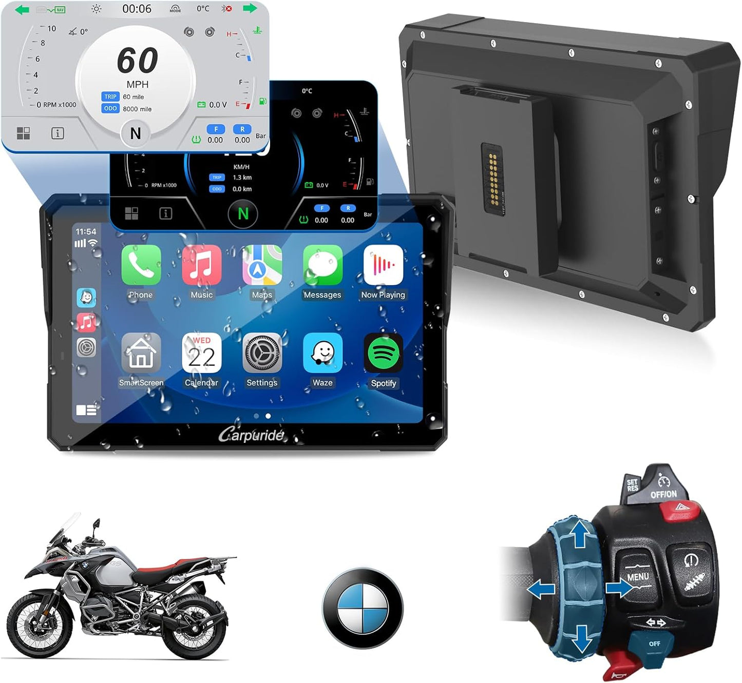 2025 CARPURIDE W702BS PRO for BMW Motorcycle CarPlay & Android Auto Dual Bluetooth, 7" Waterproof GPS Navigation Screen, Data Reading,Native Wonder, TPMS, Light Sensor, Music Sharing, Intercom, 16-Pin