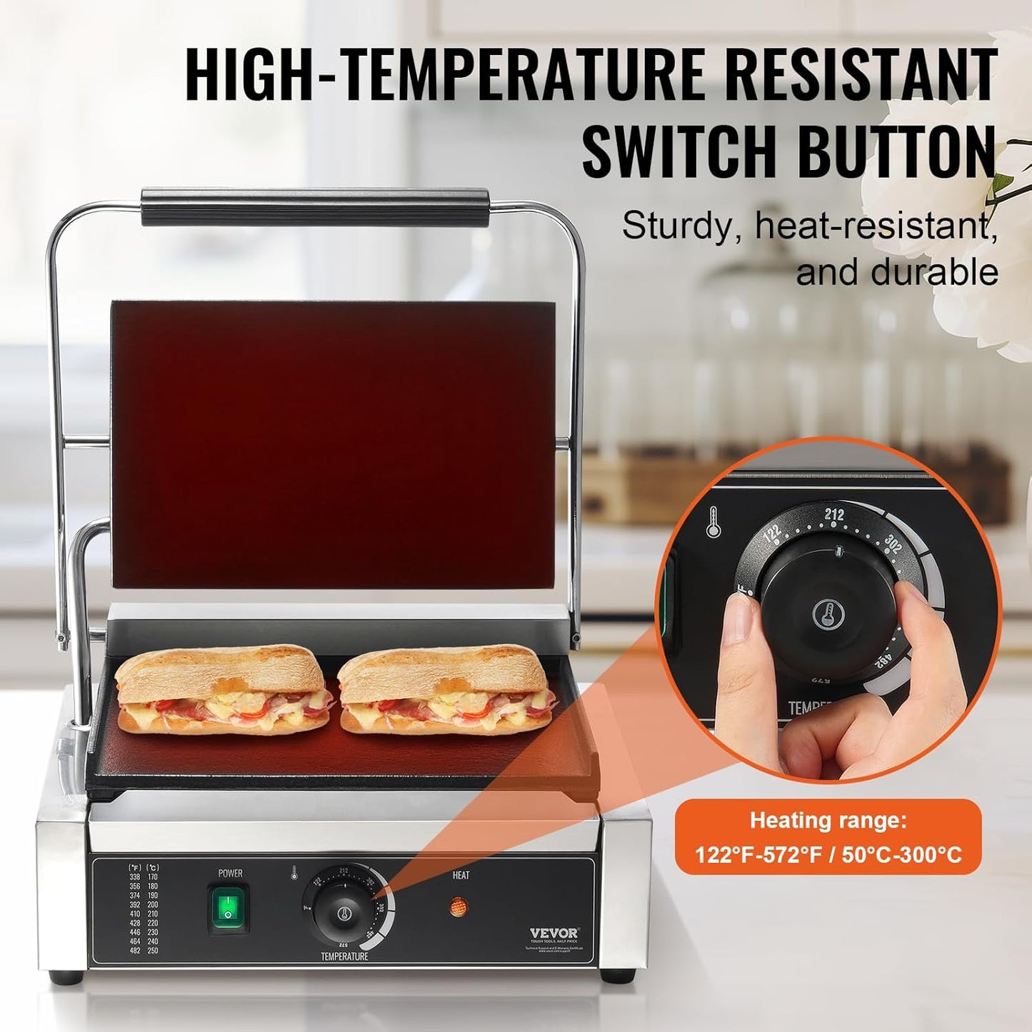 VEVOR 7 IN 1 Electric Contact Grill,1800W Indoor Panini Press Griddle,Stainless Steel Teppanyaki Grill with Nonstick&Removable Iron Plate, 0-446℉ Adjustable Temp Control,LCD Display,110V