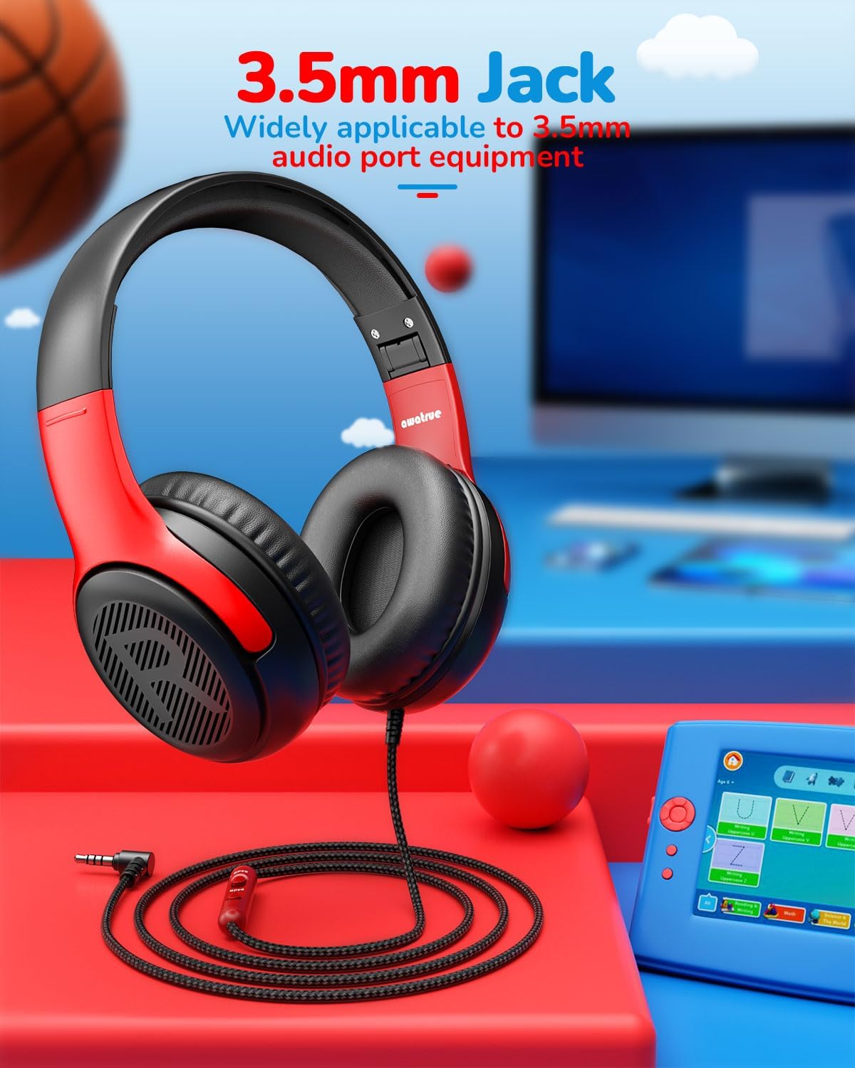 awatrue Kids Headphones with Microphone, Wired Headphones for Kids 85/94dB Safe Volume Limit, Over Ear Headsets, Boys Girls Childrens Headphones for School/Travel/Fire Tablet/BlueOrange