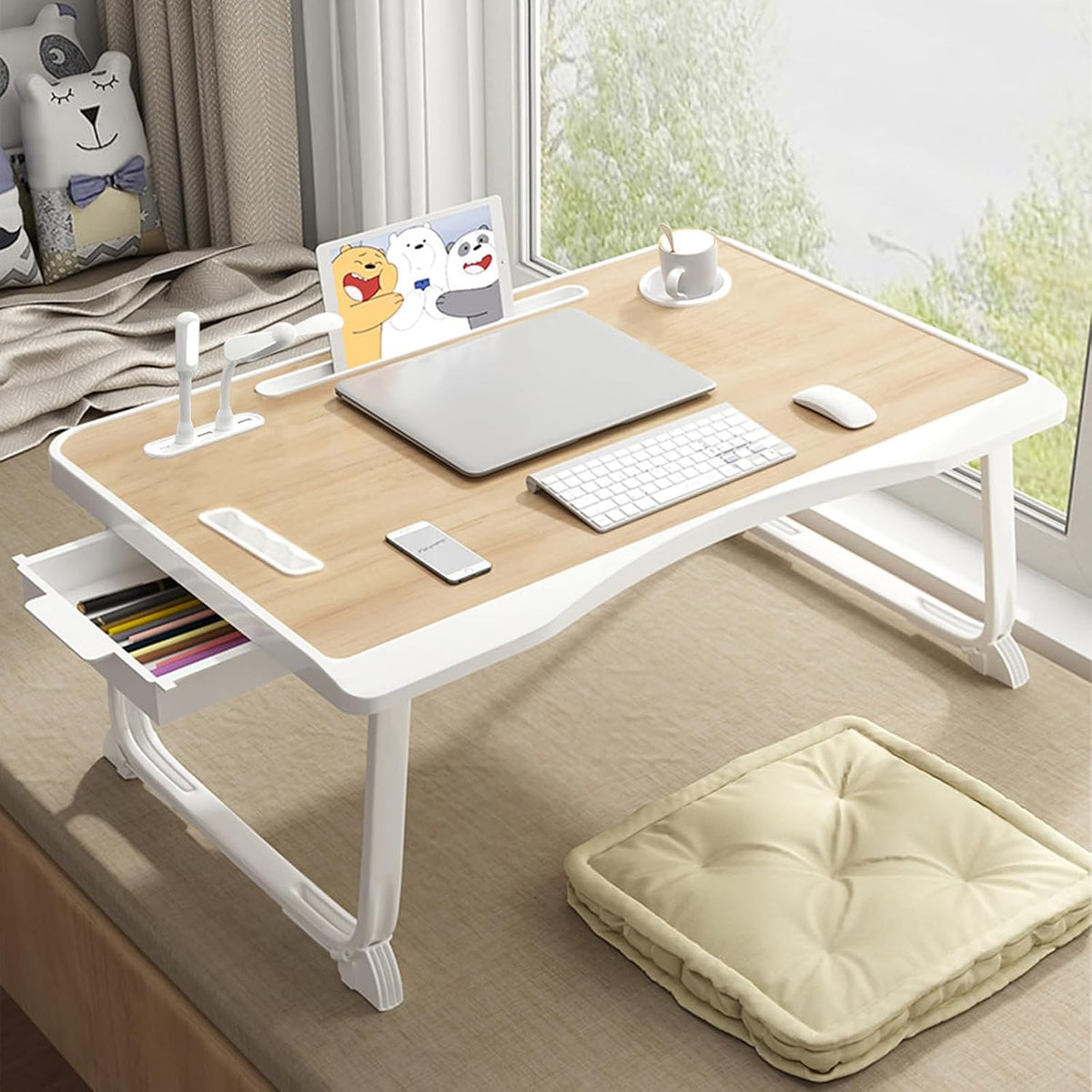 Foldable Laptop Desk for Bed with USB Charging Ports, Storage Drawer and Cup Holder – Portable Bed Table Tray for Working, Writing, Reading, and Studying, Yellow - PuriLite