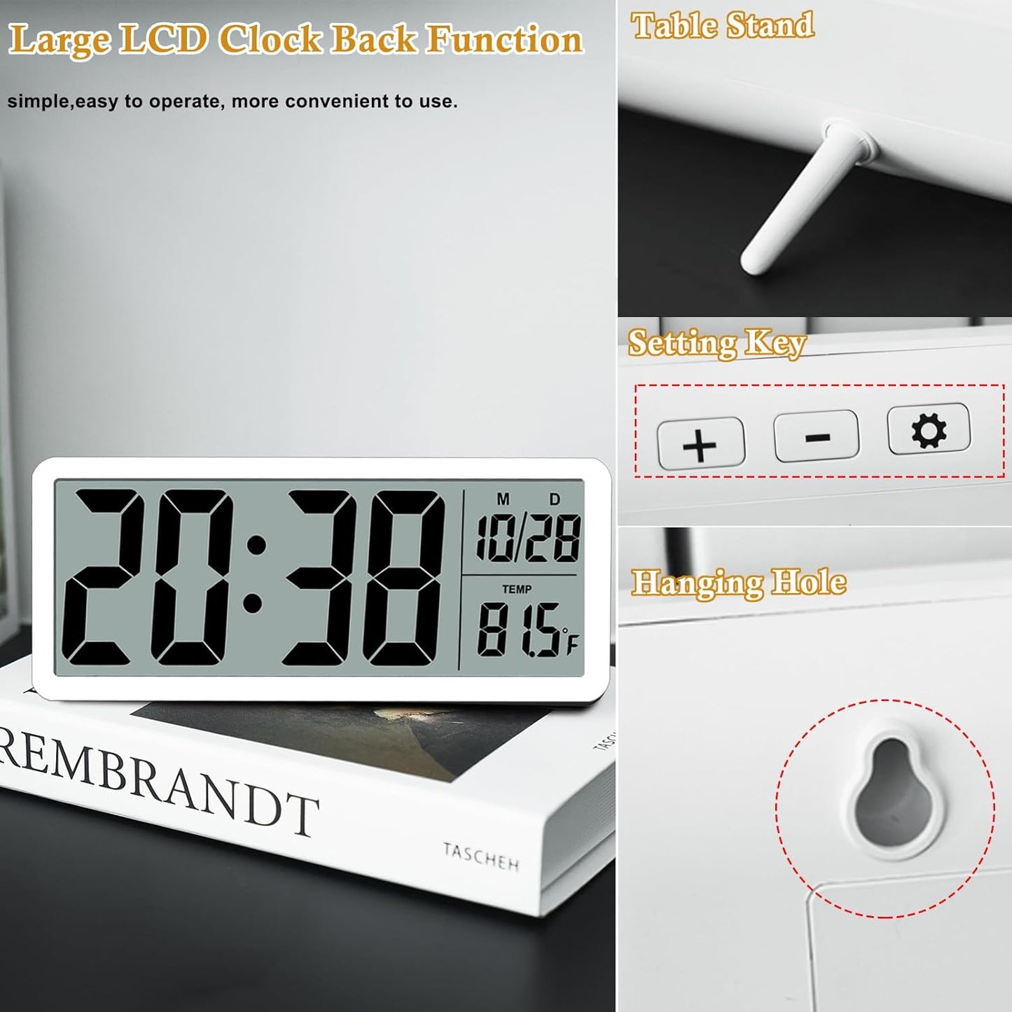 QINYUNE Digital LCD Wall Clock Easy to Set, 8.5 Inch LCD Screen with Time/Date/Temperature Display,Simple Digital Desk Clock with 12/24H for Bedroom Living Room Office