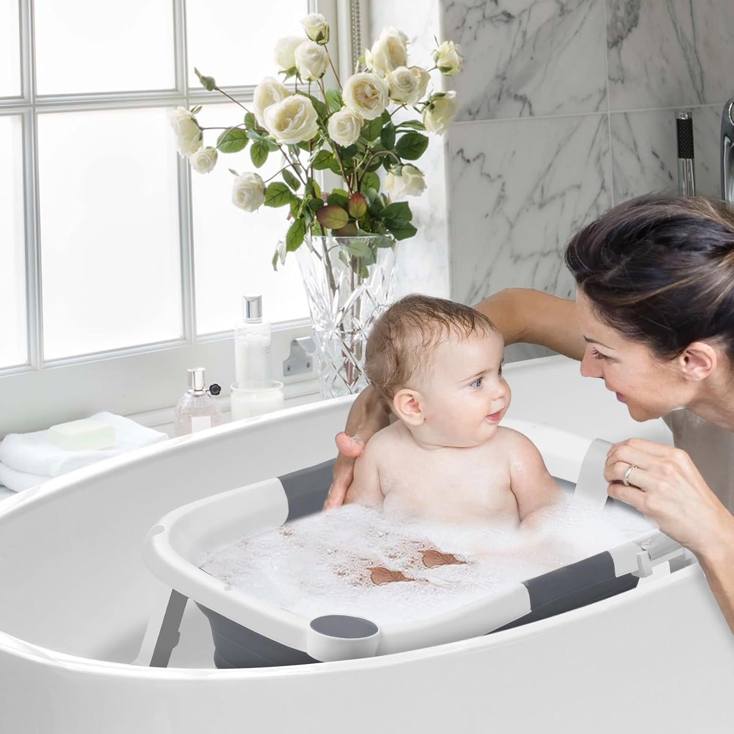 DEANIC Collapsible Baby Bathtub for Newborns, Portable Infant Bathtub with Soft Bath Cushion Support for 0-24 Months, Toddler Bath Tub with stand Indoor Travel (Grey)