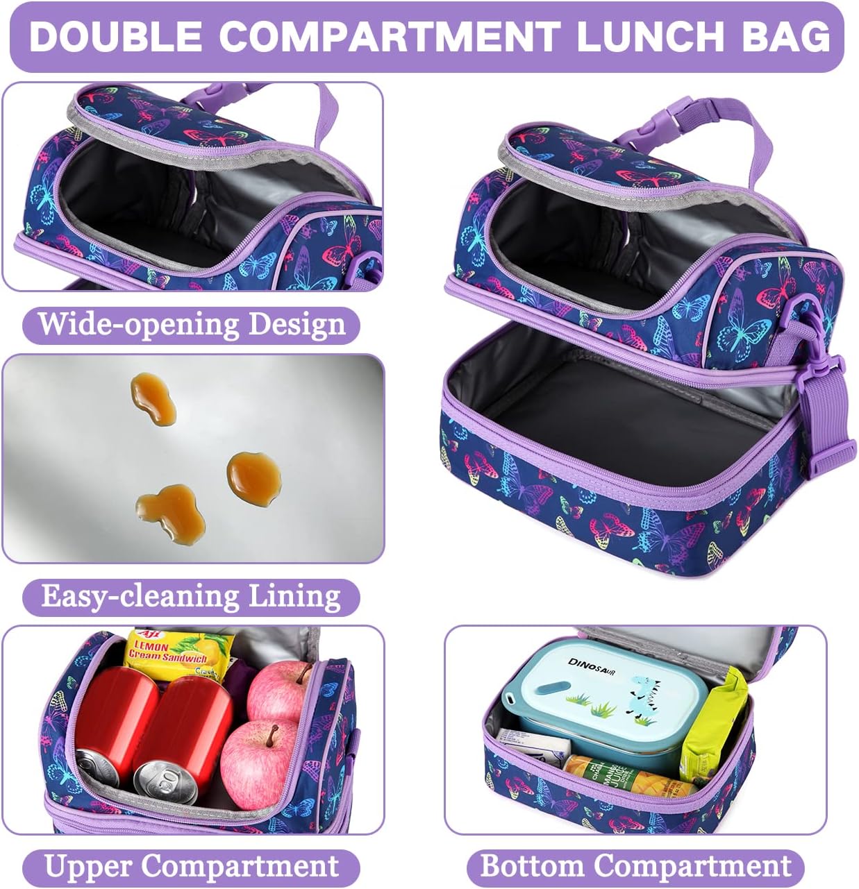 VASCHY Lunch Box Bag Men, Insulated Two Compartments Bento Cooler Bags for Adults/Women/Kids for School,Daycare,Kindergarten,Picnic Black