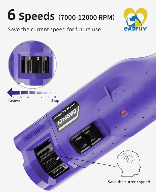 Casfuy Dog Nail Grinder Quiet - (45db) 6-Speed Pet Nail Grinder with 2 LED Lights for Large Medium Small Puppy Dogs/Cats, Professional 3 Ports Rechargeable Electric Dog Nail Trimmer with Dust Cap (P) - PuriLite