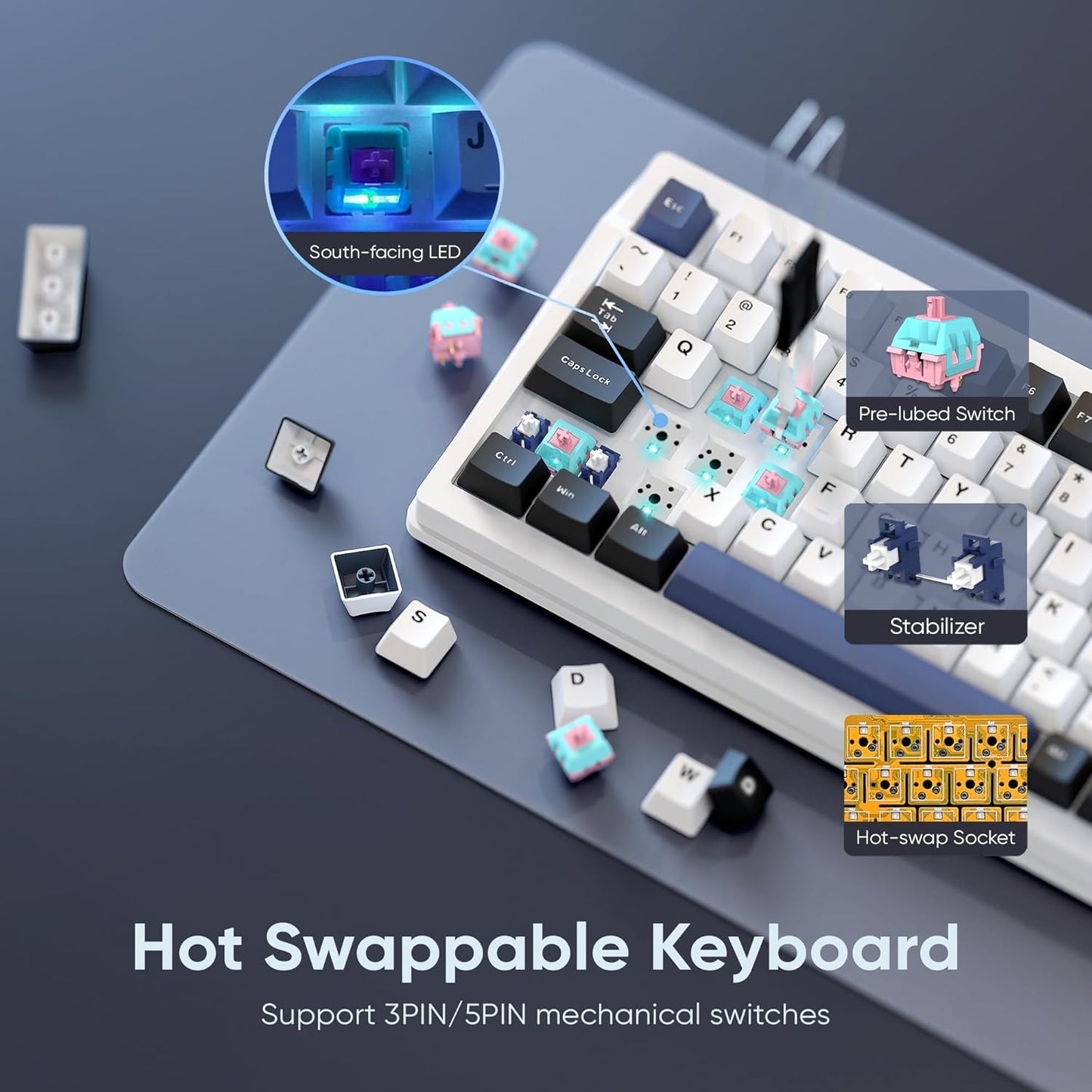 RedThunder K95 Wireless Mechanical Keyboard,TFT Screen & Knob, Tri-Mode BT5.0/2.4GHz/USB-C Hot Swappable Custom, Pre-lubed Linear Switches,Gasket Structure, RGB Gaming Keyboard for WIN/IOS, White-Blue