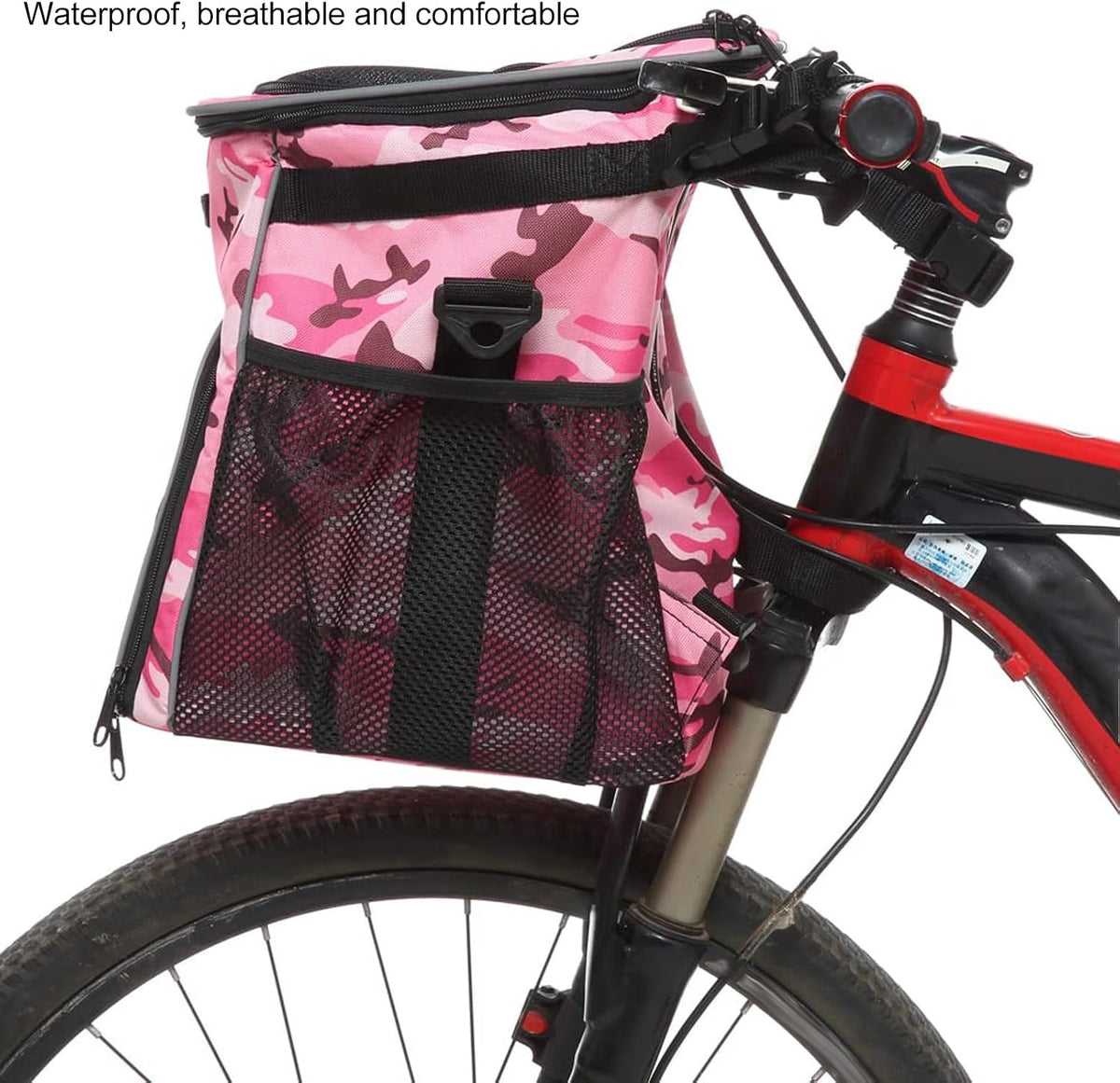 Dog Bike Basket, Waterproof Pet Bike Carrier, Removable Front Carrier Backpack with Side Pockets, Protable Pet Travel Bag for Outdoor, Road Trips, Dog Walking (Pink Camo)