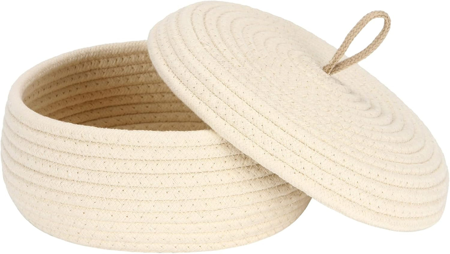 Sea Team Round Cotton Rope Storage Basket with Lid, Decorative Woven Storage Bin, Pot, Caddy, Organizer, Container for Snacks, Towels, Plants (Grey, Small)