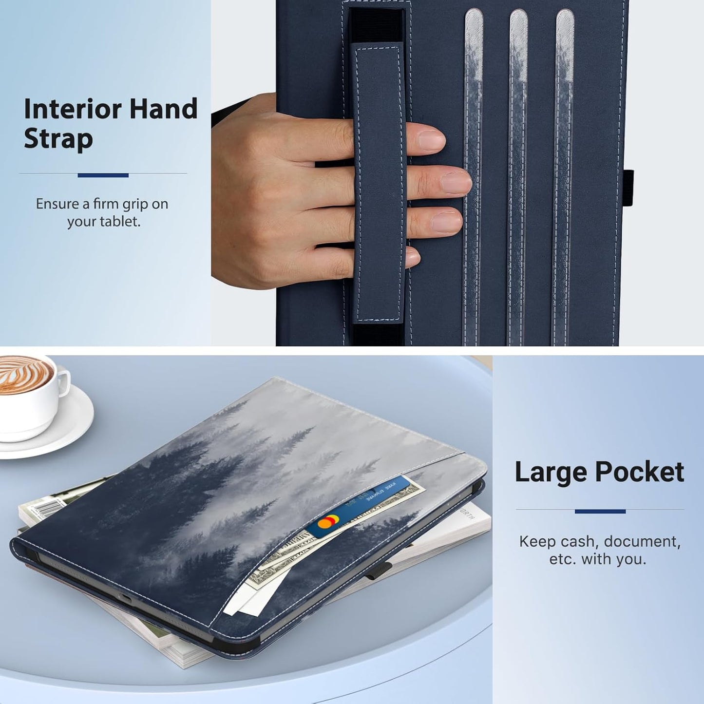 MoKo Case for Samsung Galaxy Tab A9 Plus 11" 2023 (SM-X210/SM-X216/SM-X218), PU Leather Multi-Angle Viewing Folding Stand Cover Case with Hand Strap, Front Pocket, Auto Wake/Sleep, Denim Blue & Brown