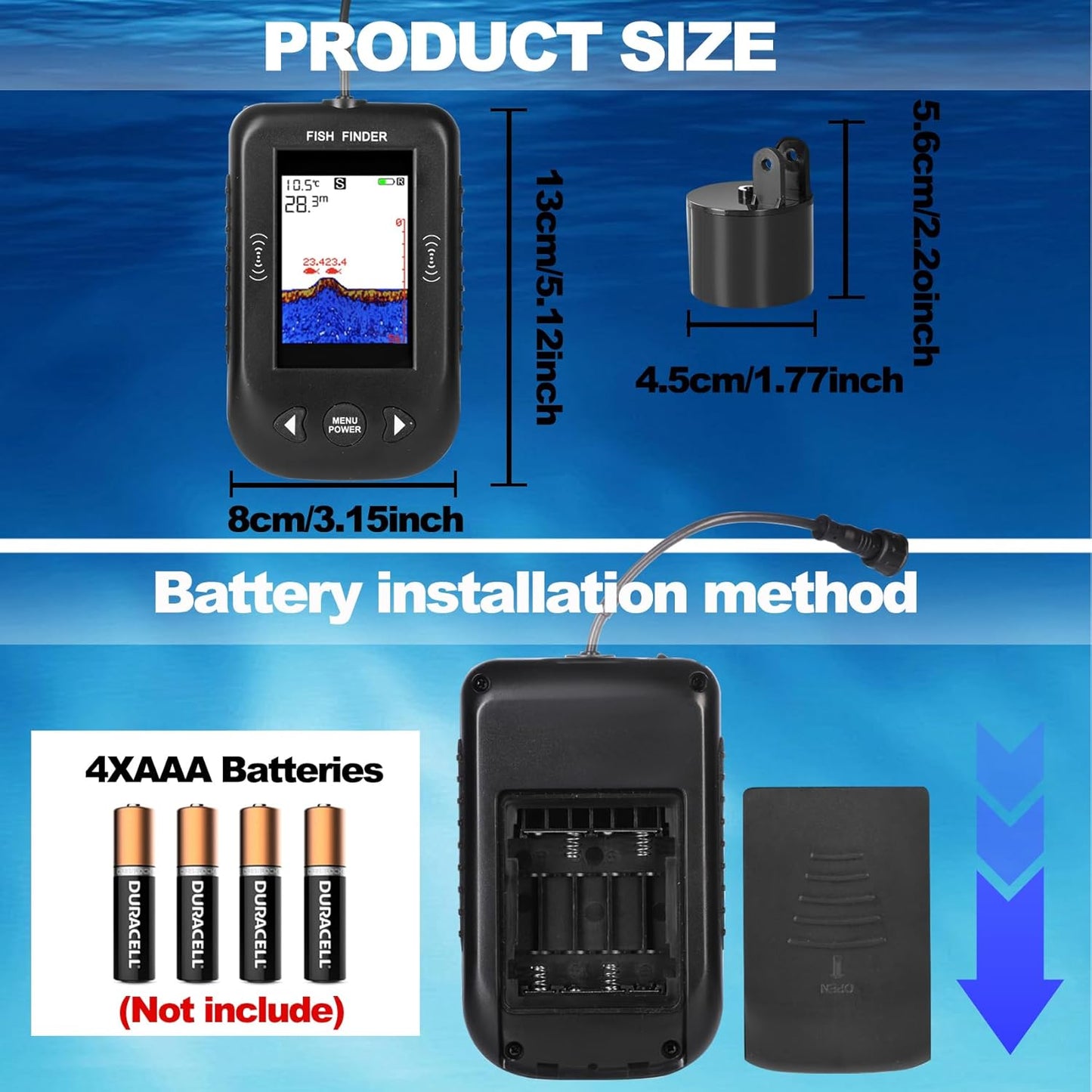 Portable Fish Finder, Water Handheld Fish Depth Finder Sonar Kayak Boat Fishfinder Transducer Fishing LCD Display