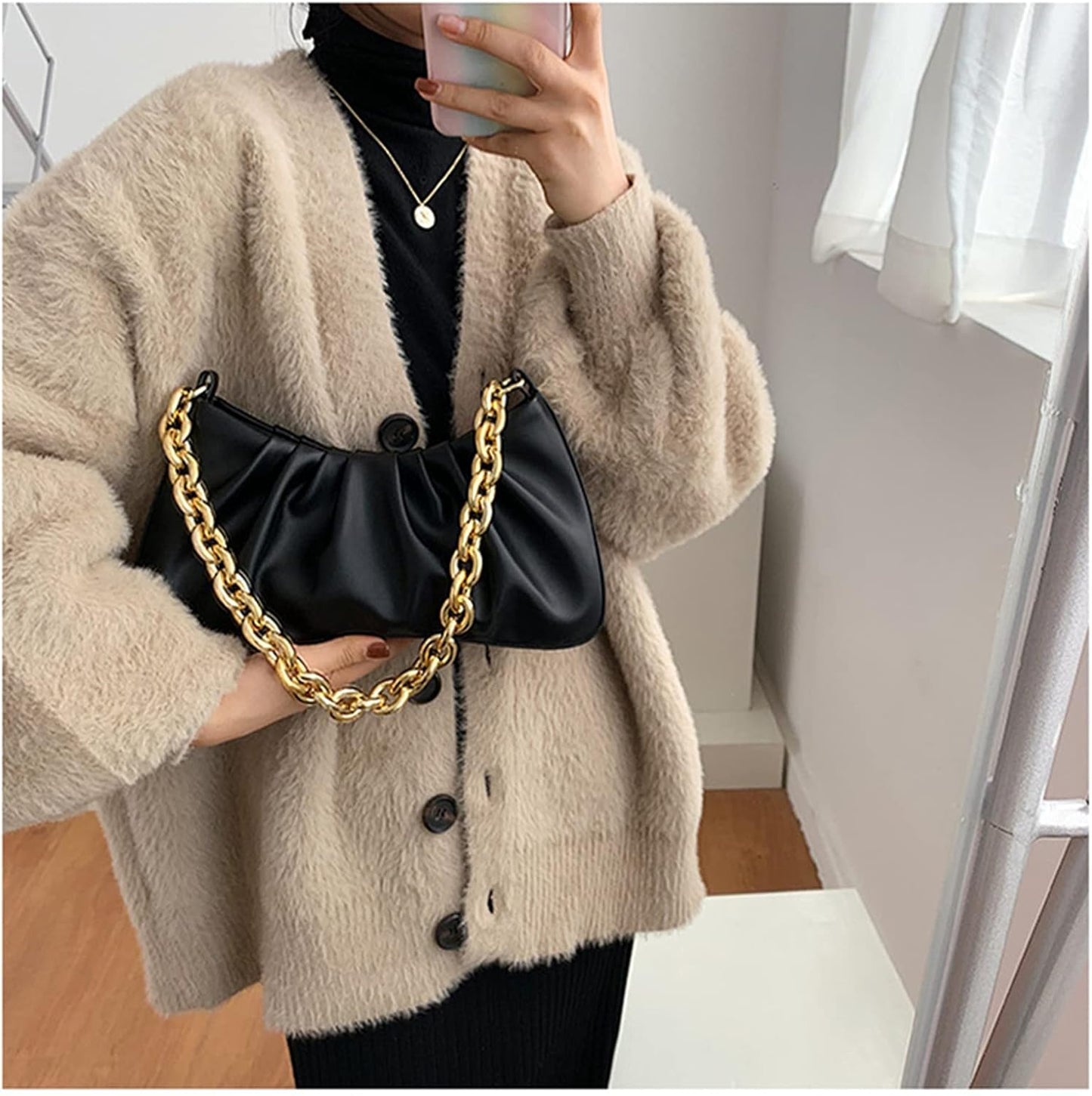 JOLLQUE Shoulder Bag for Women,Small Leather Handbag Purse,Gold Chain Evening Clutch