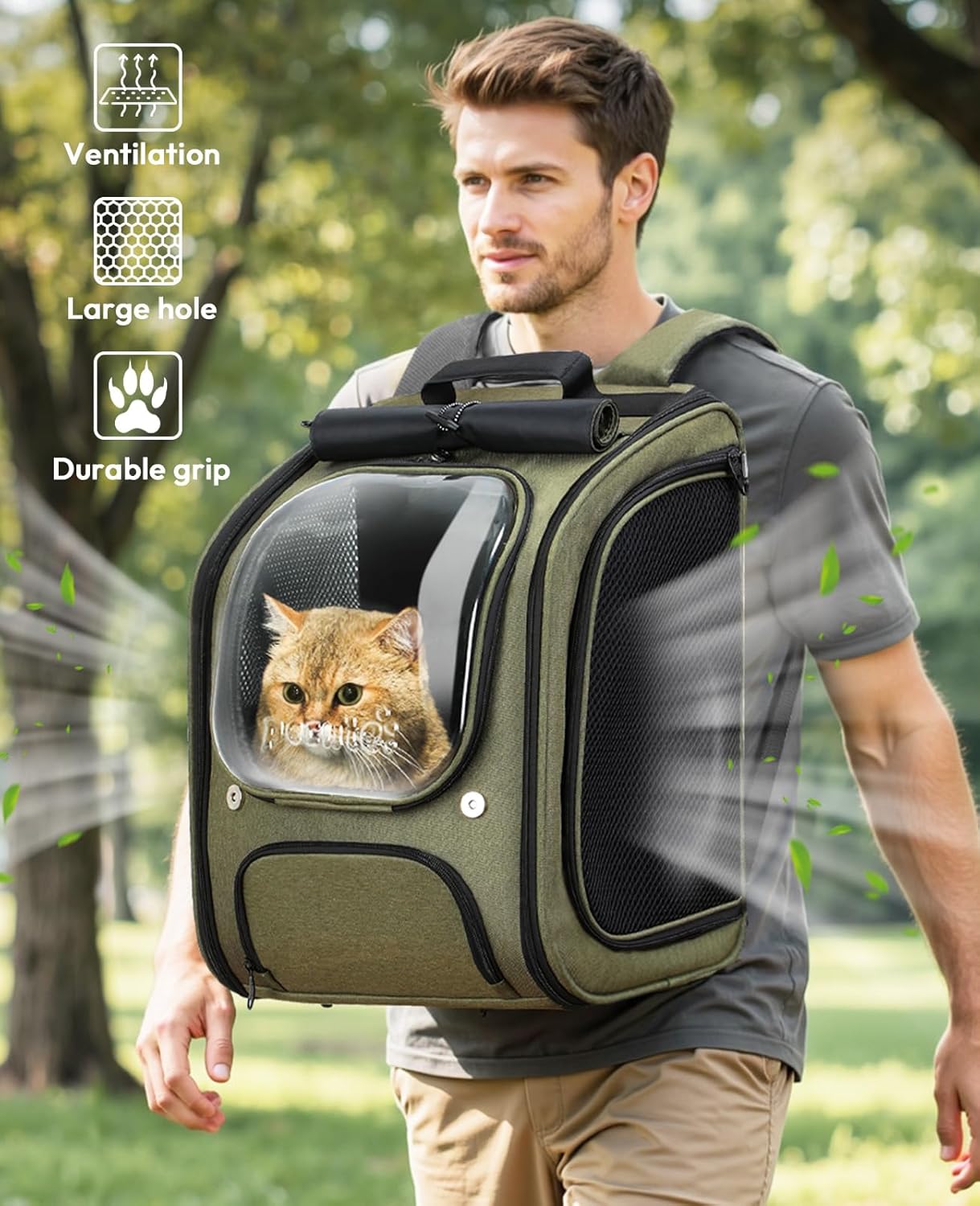 Pecute Bubble Cat Backpack, Large Space Cat Backpack Carrier with Breathable Mesh, Cat Carrier with Space Capsule Clear Bubble Window for Kitten and Puppy, Used in Travel Hiking Walking Outdoor,Green