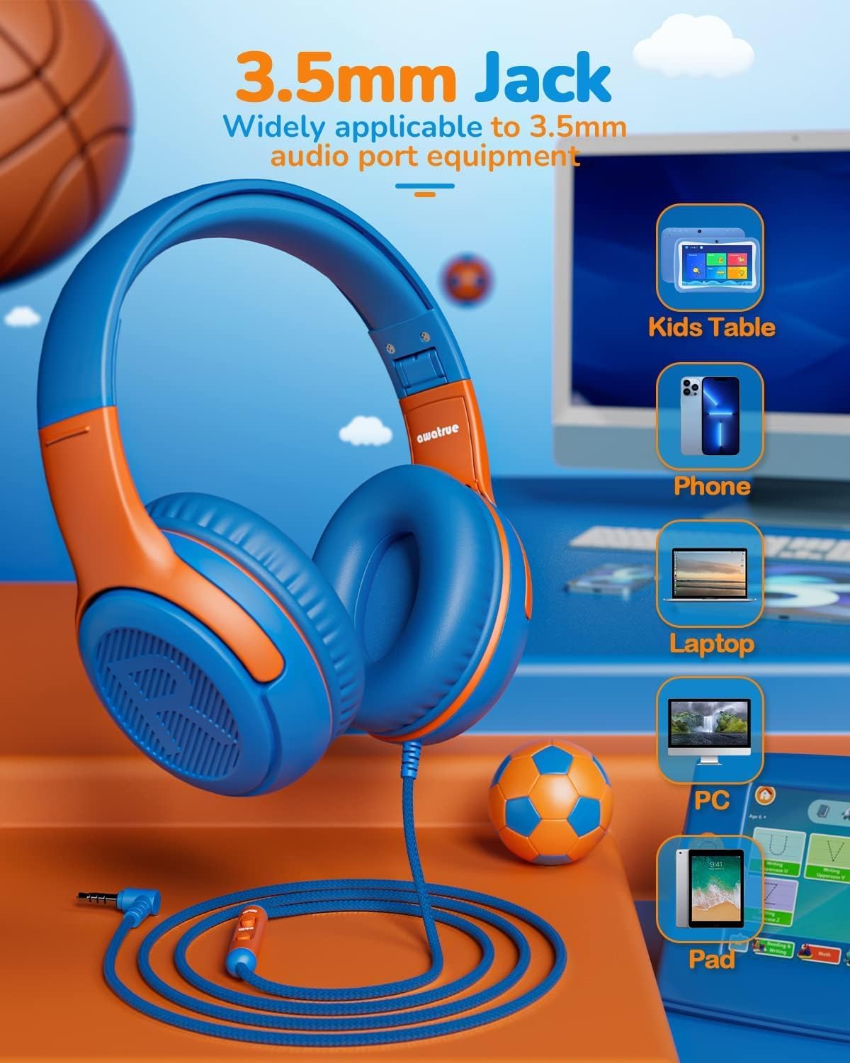awatrue Kids Headphones with Microphone, Wired Headphones for Kids 85/94dB Safe Volume Limit, Over Ear Headsets, Boys Girls Childrens Headphones for School/Travel/Fire Tablet/BlueOrange